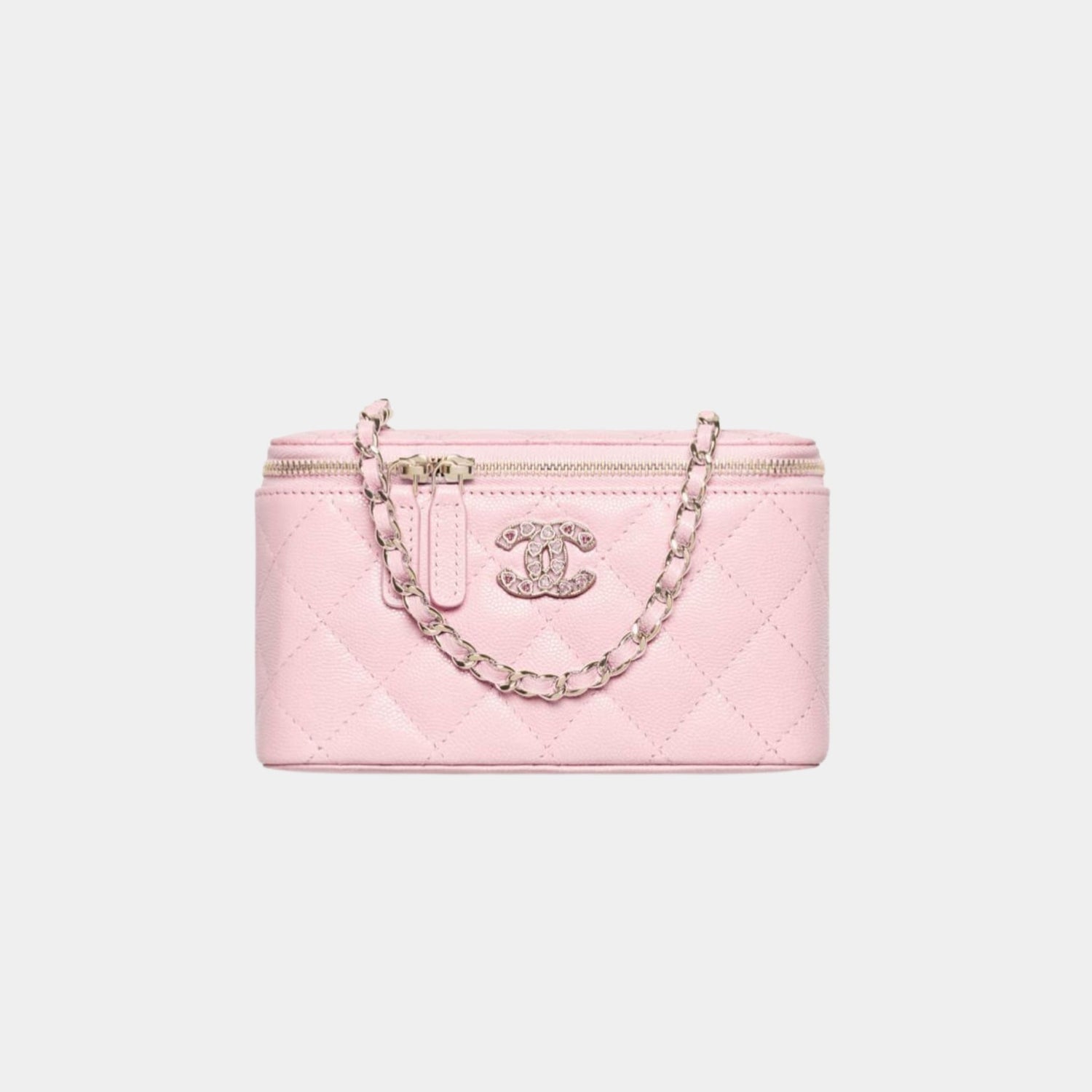 Chanel Long Vanity with Chain in Shiny Graind Calfskin and Strass, Light Pink