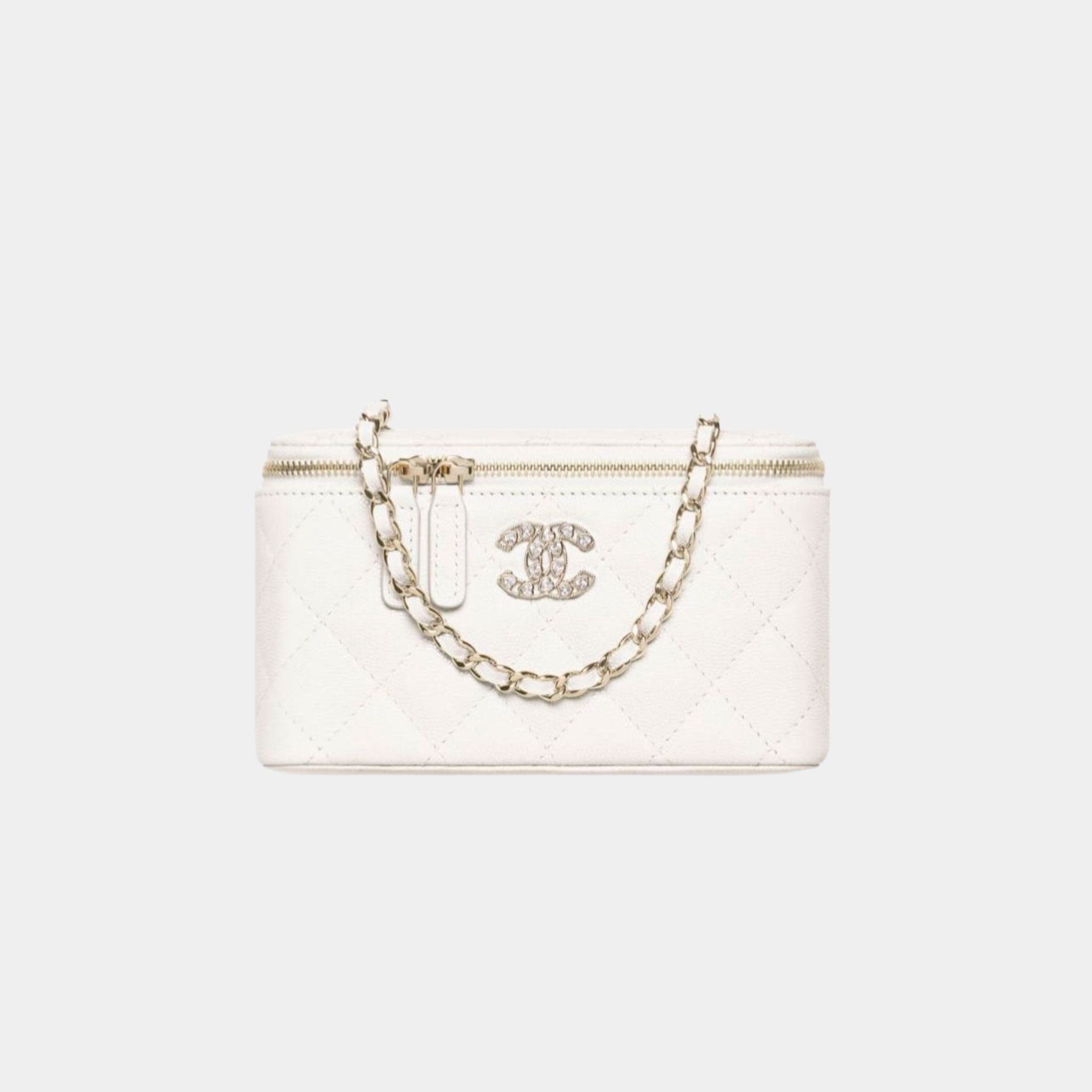Chanel Long Vanity with Chain in Shiny Graind Calfskin and Strass, White