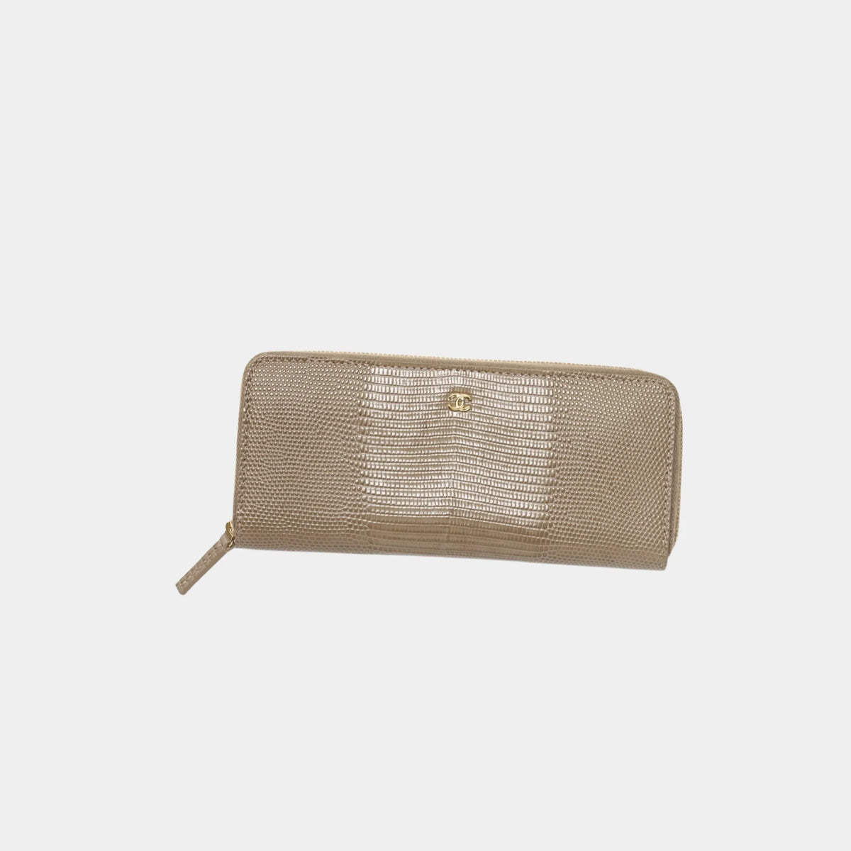 Long Zipped Wallet in Dark Khaki Lizard Embossed Calfskin