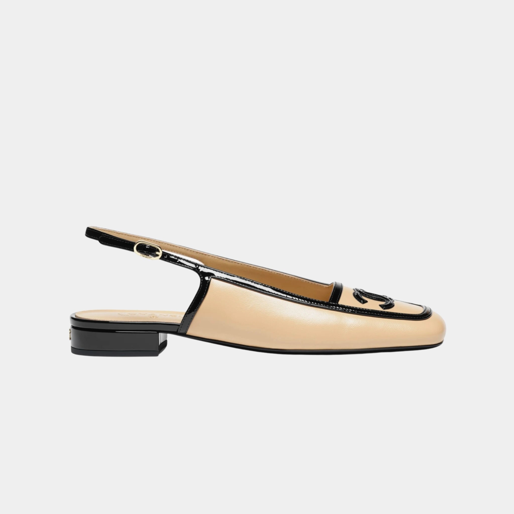Chanel Low Heeled Slingbacks in Lambskin &amp; Patent Calfskin, Beige Black, Side