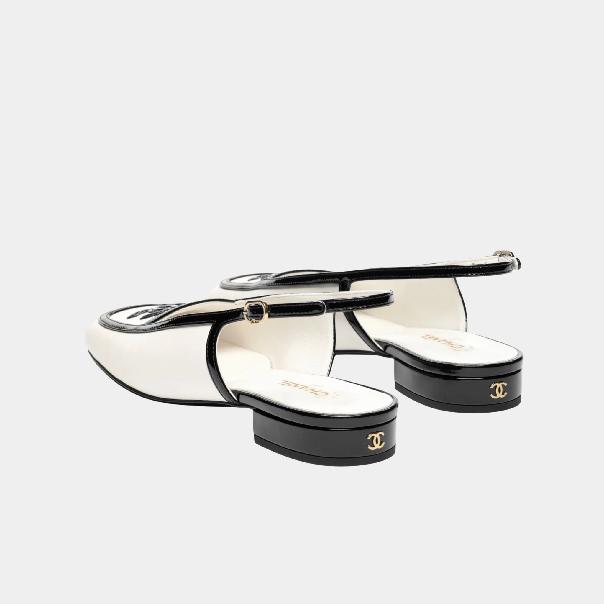 Chanel Low Heeled Slingbacks in Lambskin &amp; Patent Calfskin, White Black, Back