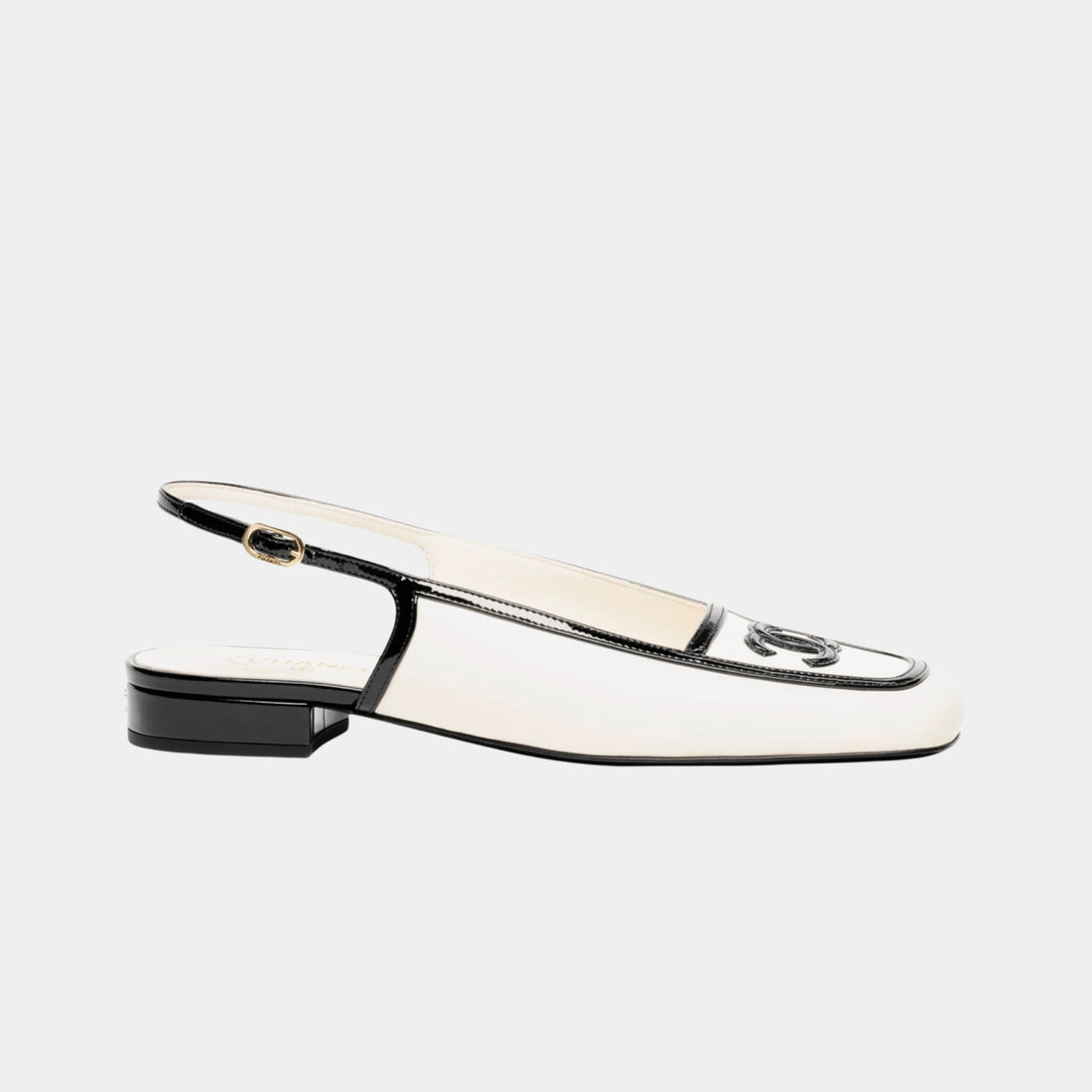 Chanel Low Heeled Slingbacks in Lambskin &amp; Patent Calfskin, White Black, Side