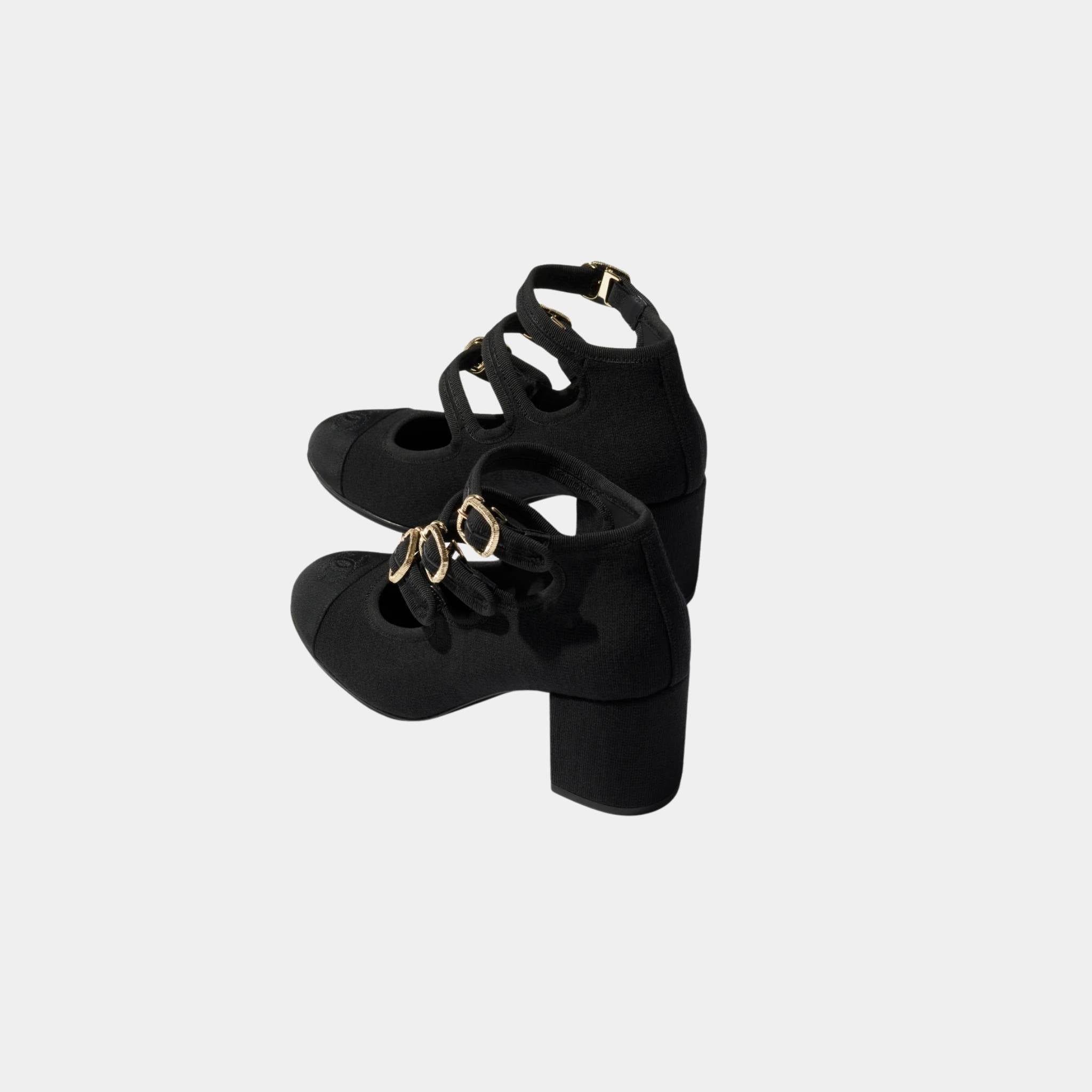 Chanel Mary Janes Fabric And Grosgrain Heels In Black, Back