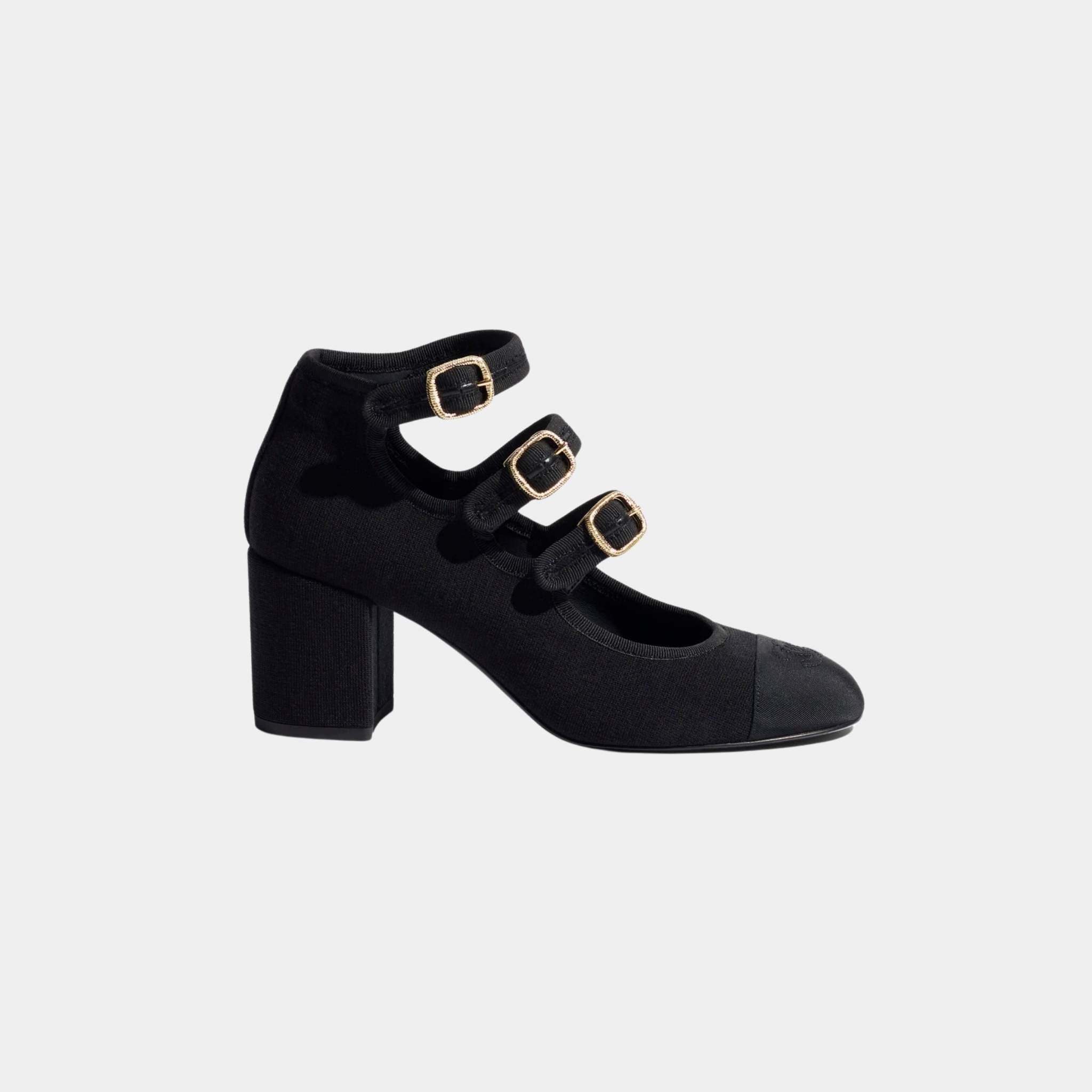 Chanel Mary Janes Fabric And Grosgrain Heels In Black, Side