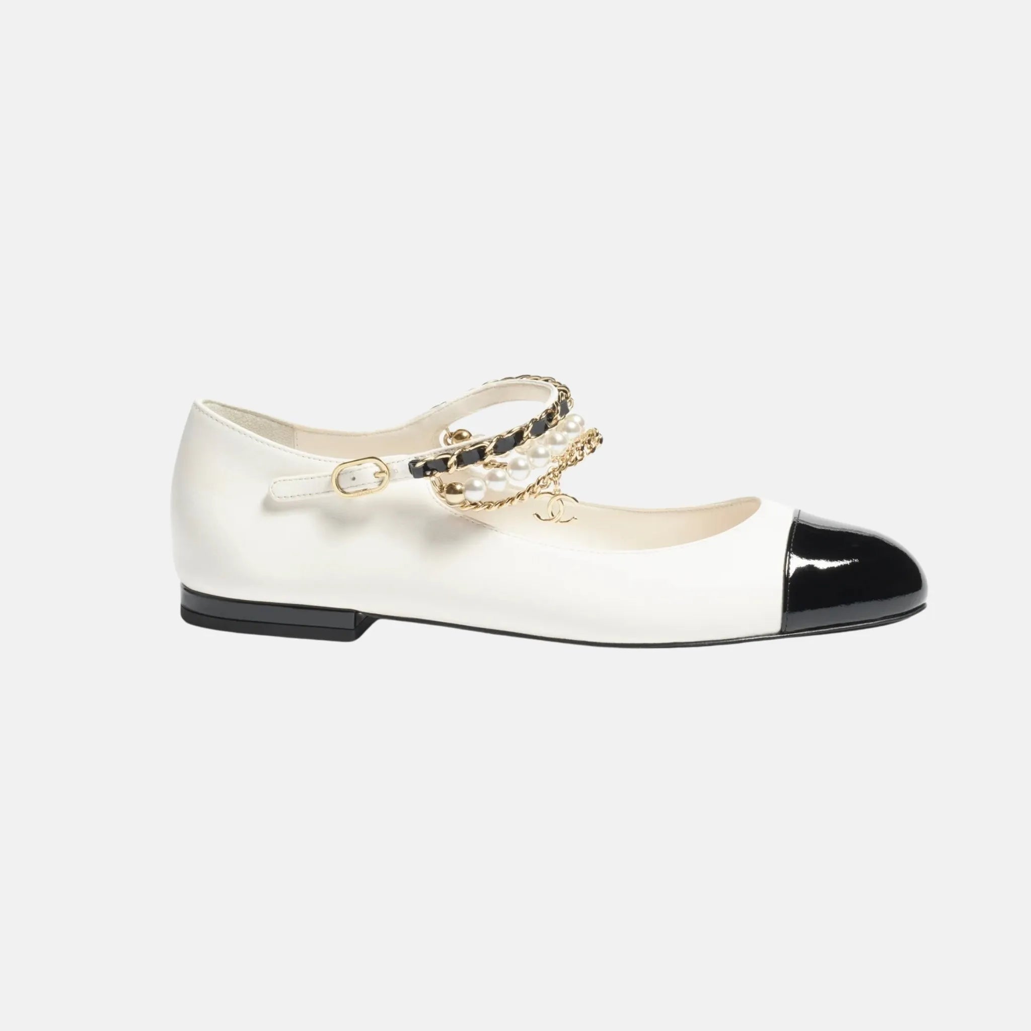 Chanel Mary Janes in Lambskin and Patent Calfskin with Pearls, Side