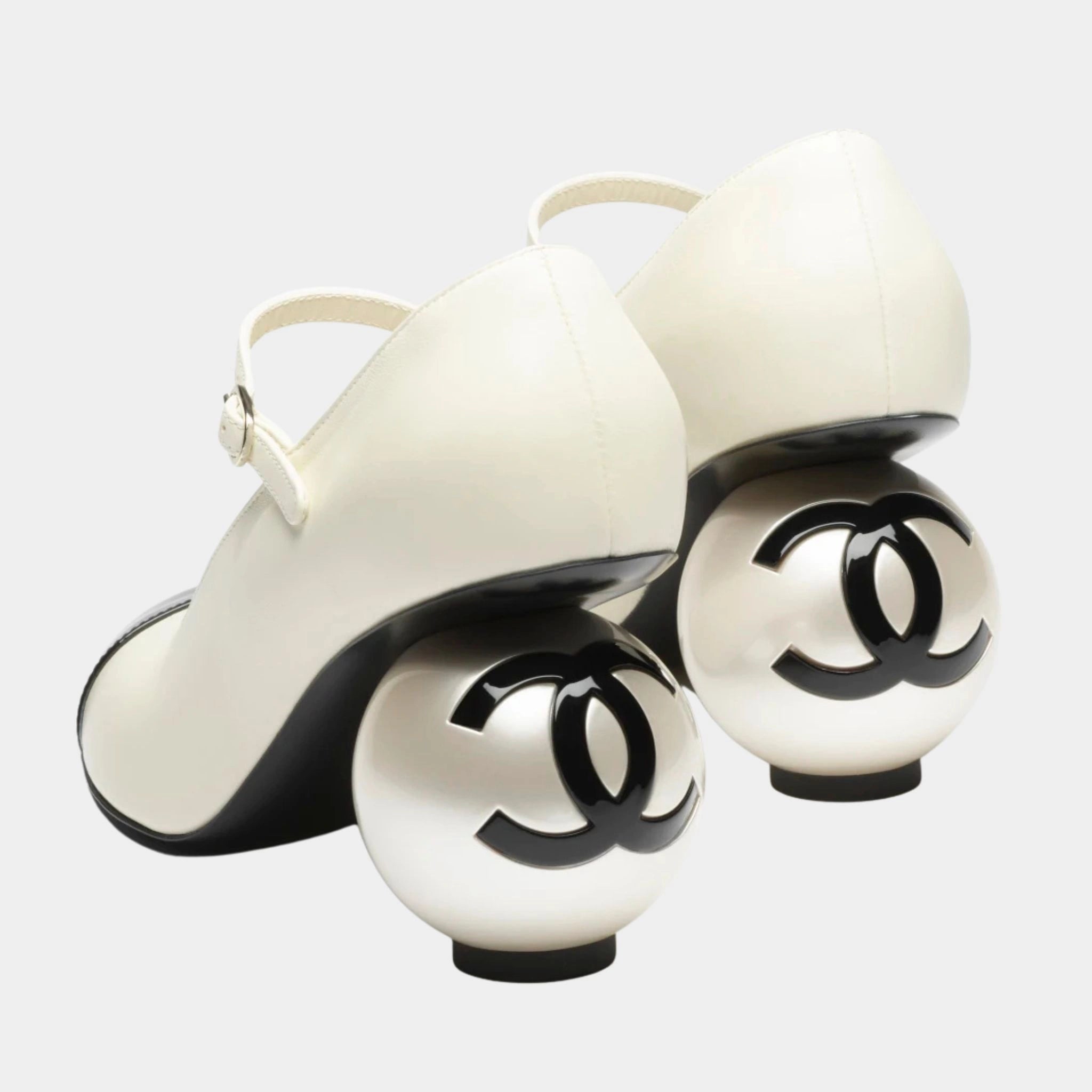 Chanel Mary Janes Lambskin Patent Calfskin &amp; Imitation Pearls Black, White, Back