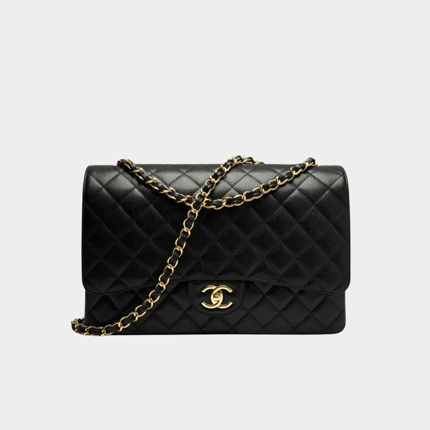 Chanel Maxi Classic Handbag Grained Calfskin Gold Tone Metal Black, Front