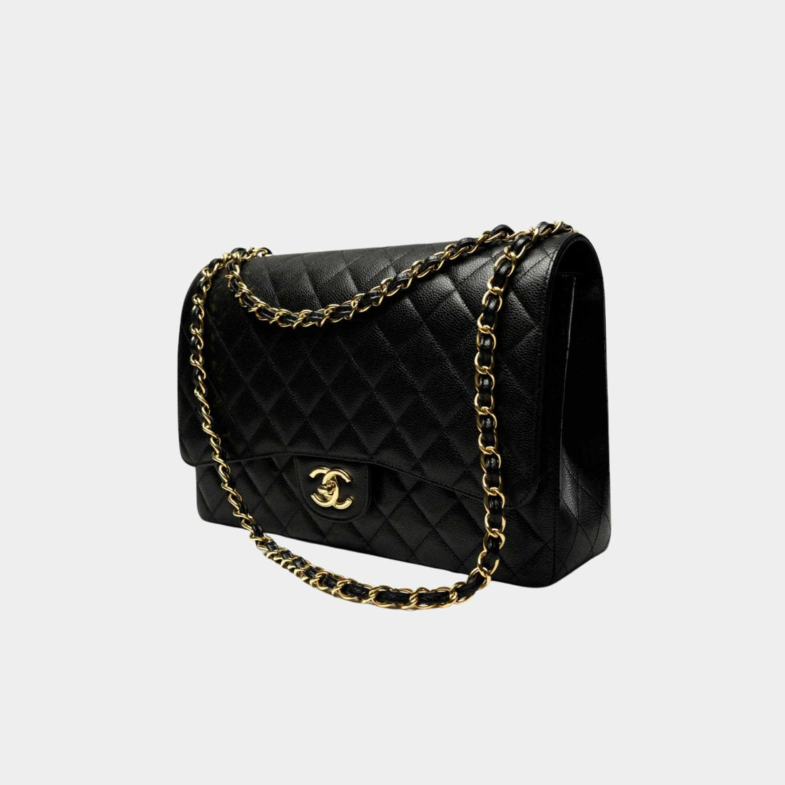Chanel Maxi Classic Handbag Grained Calfskin Gold Tone Metal Black, Side