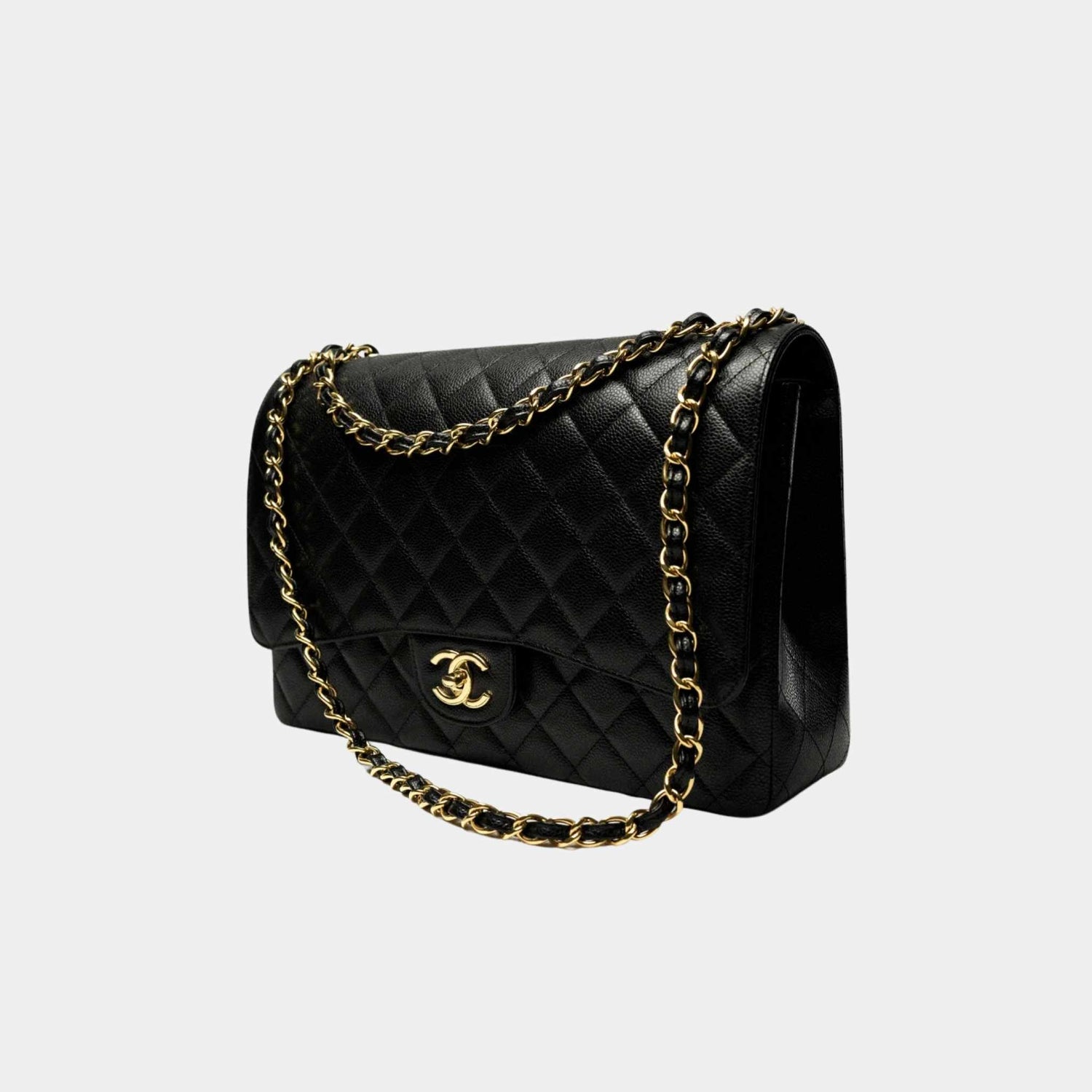 Chanel Maxi Classic Handbag Grained Calfskin Gold Tone Metal Black, Side