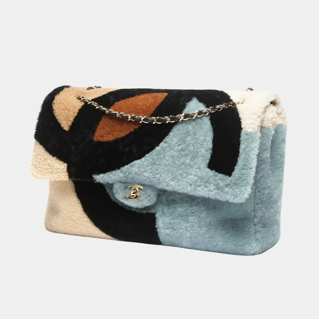 Chanel Maxi Flap bag Shearling Lambskin & Gold-Tone Metal blue, brown, black