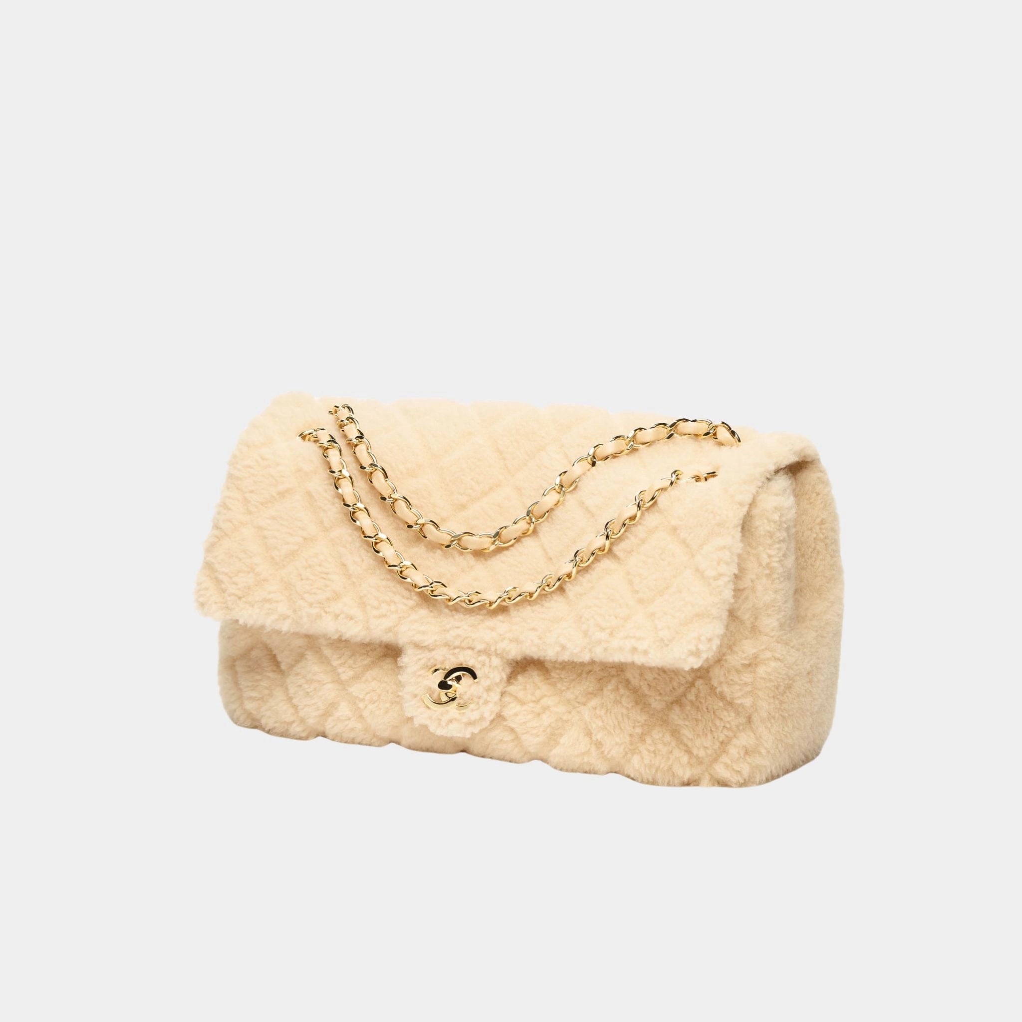 Maxi Flap Bag Shearling Lambskin &amp; Gold Tone Metal Beige
