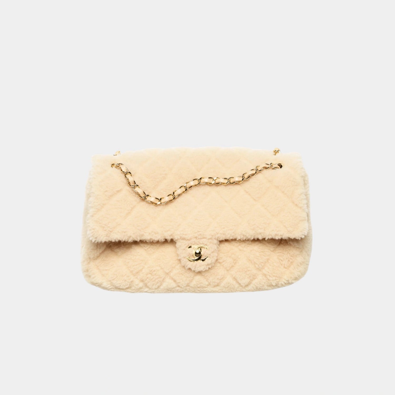 Maxi Flap Bag Shearling Lambskin &amp; Gold Tone Metal Beige