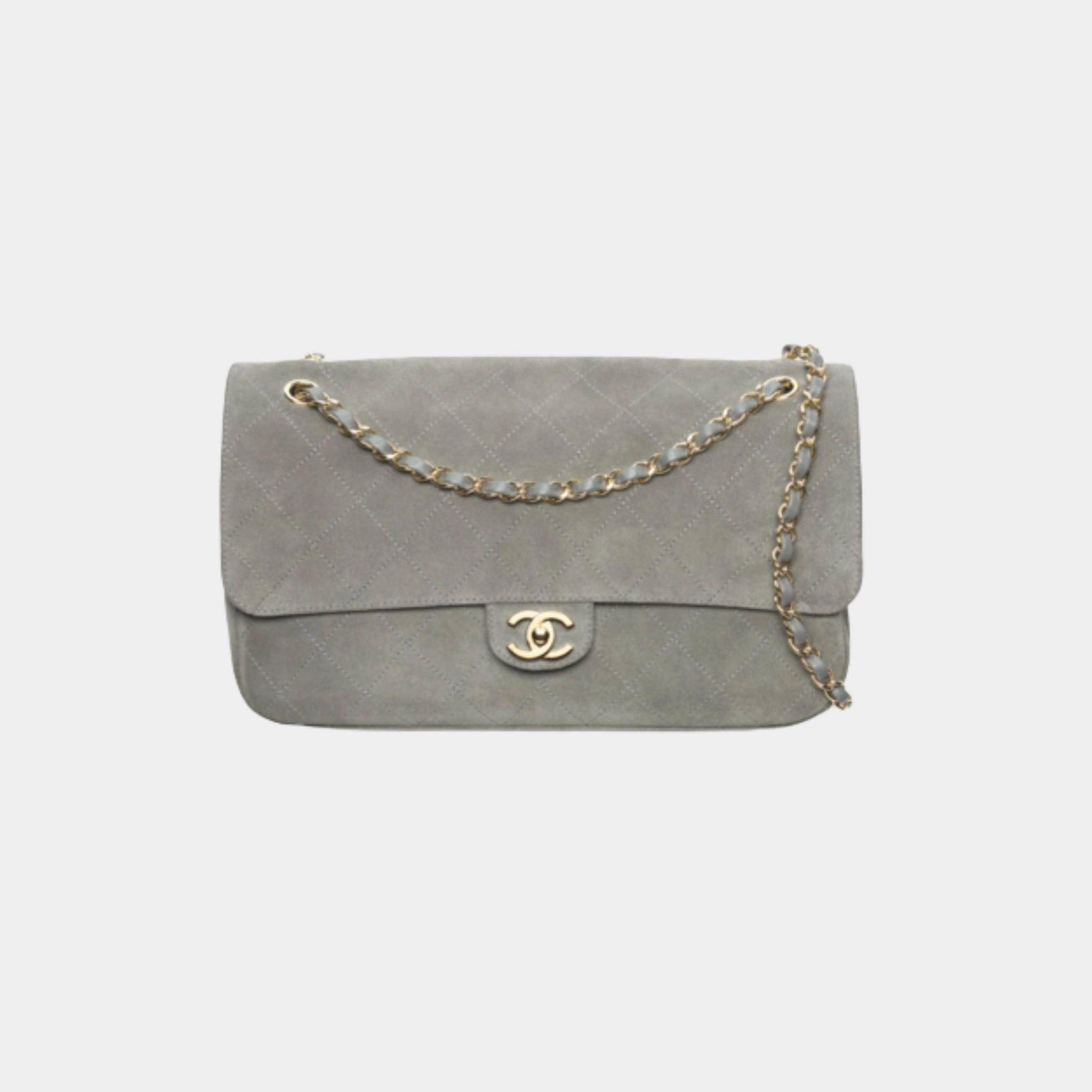 Chanel Maxi Flap Bag Suede Calfskin &amp; Gold Metal, Dark Grey