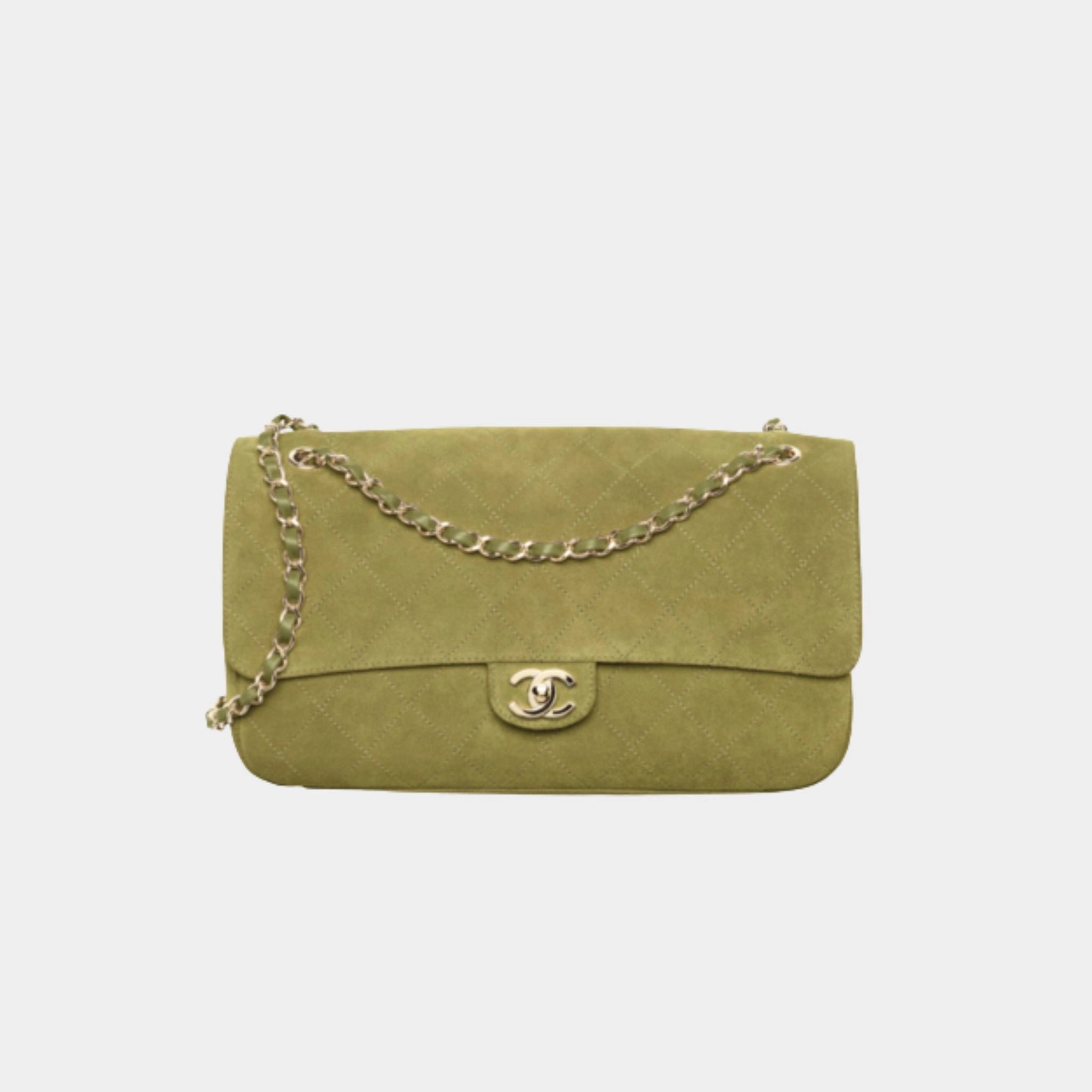 Chanel Maxi Flap Bag Suede Calfskin &amp; Gold Metal, Khaki