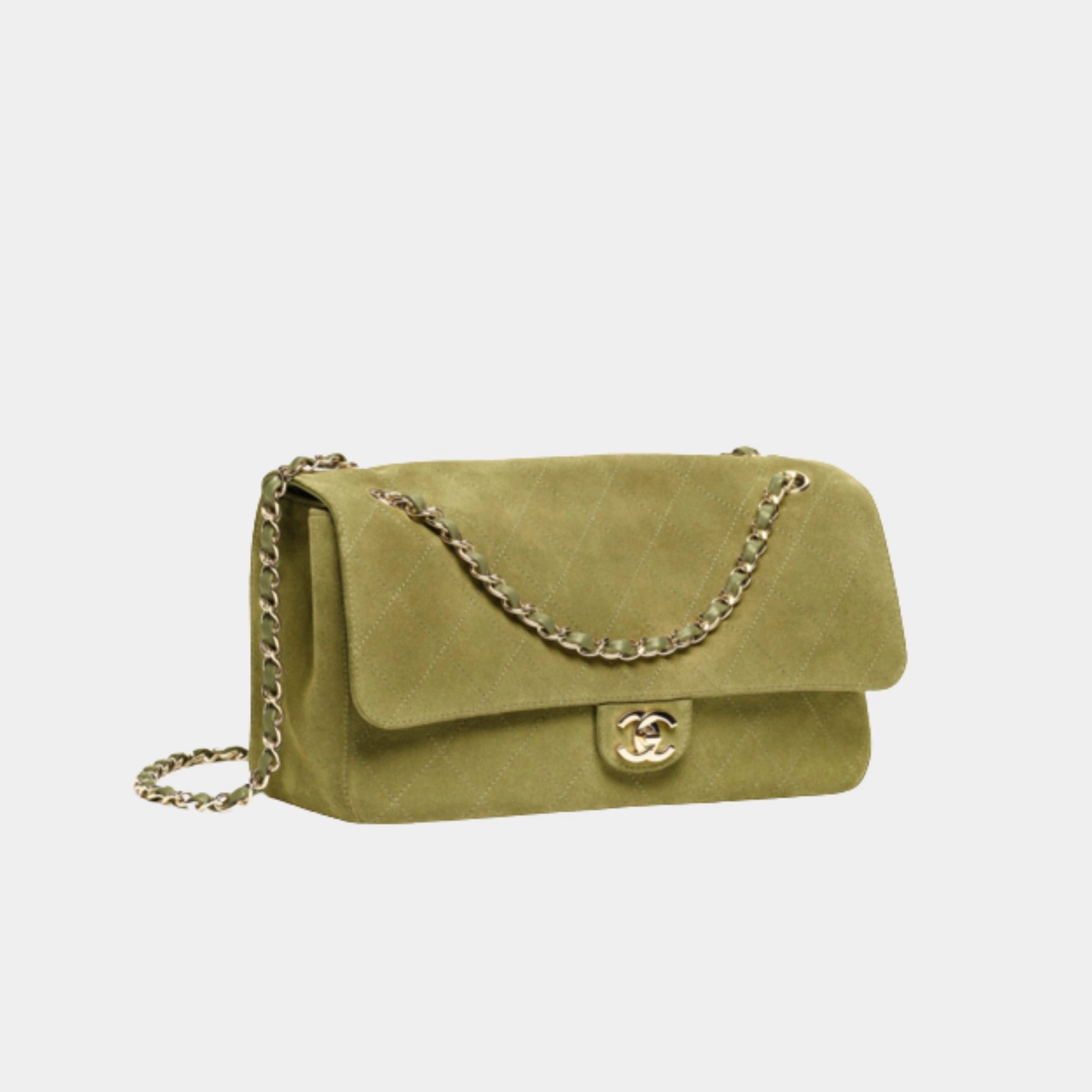 Chanel Maxi Flap Bag Suede Calfskin &amp; Gold Metal, Khaki