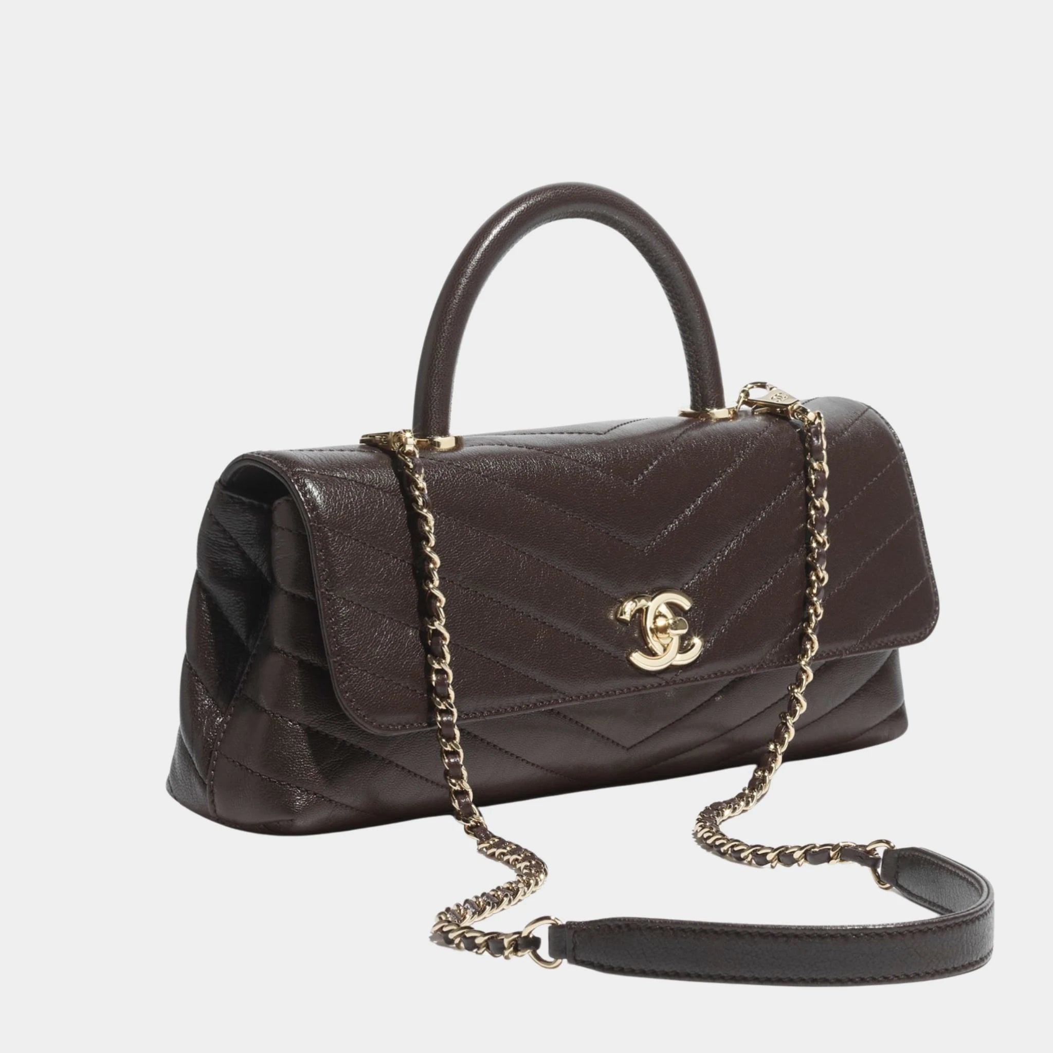 Chanel Maxi Flap Bag With Top Handle Leather &amp; Gold tone Metal, Side 