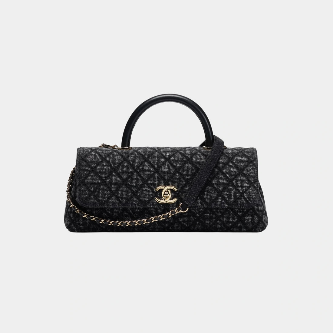 Maxi Flap Bag With Top Handle Washed Denim Calfskin & Gold Tone Black