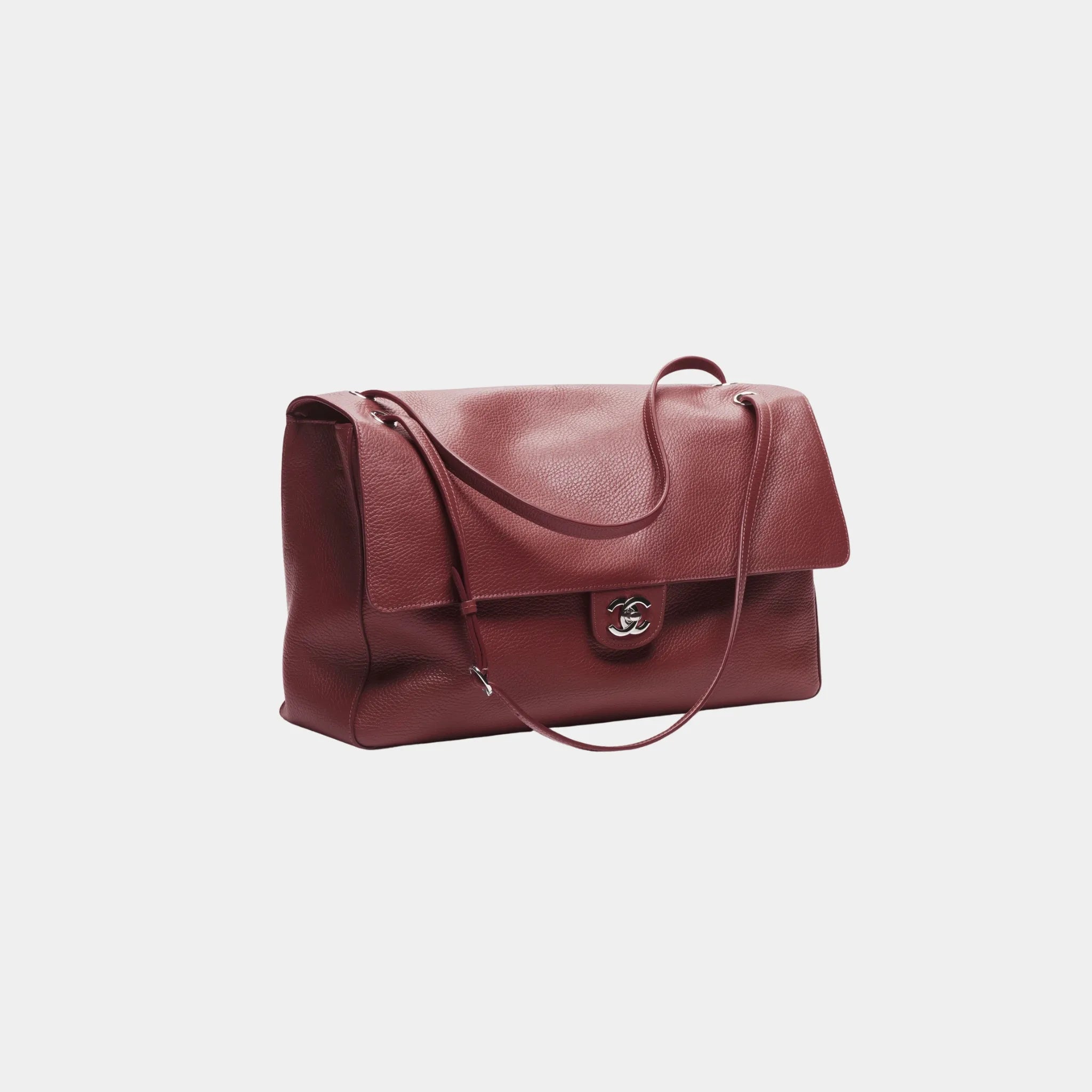 Chanel Maxi Flapbag in Grained Calfskin &amp; Silver Metal, Dark Burgundy, Side