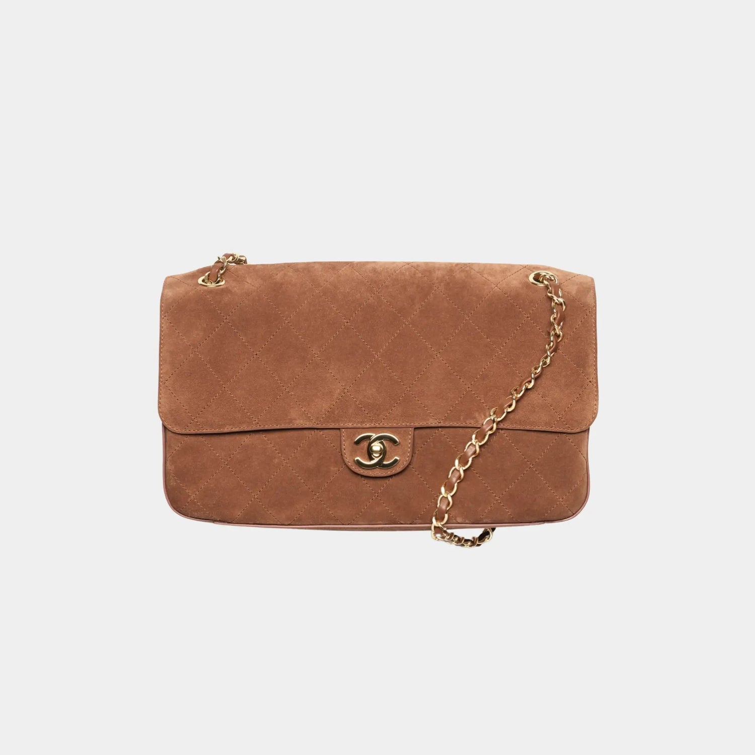 Chanel Maxi Flapbag in Suede Calfskin &amp; Gold-Tone Metal, Camel, Front