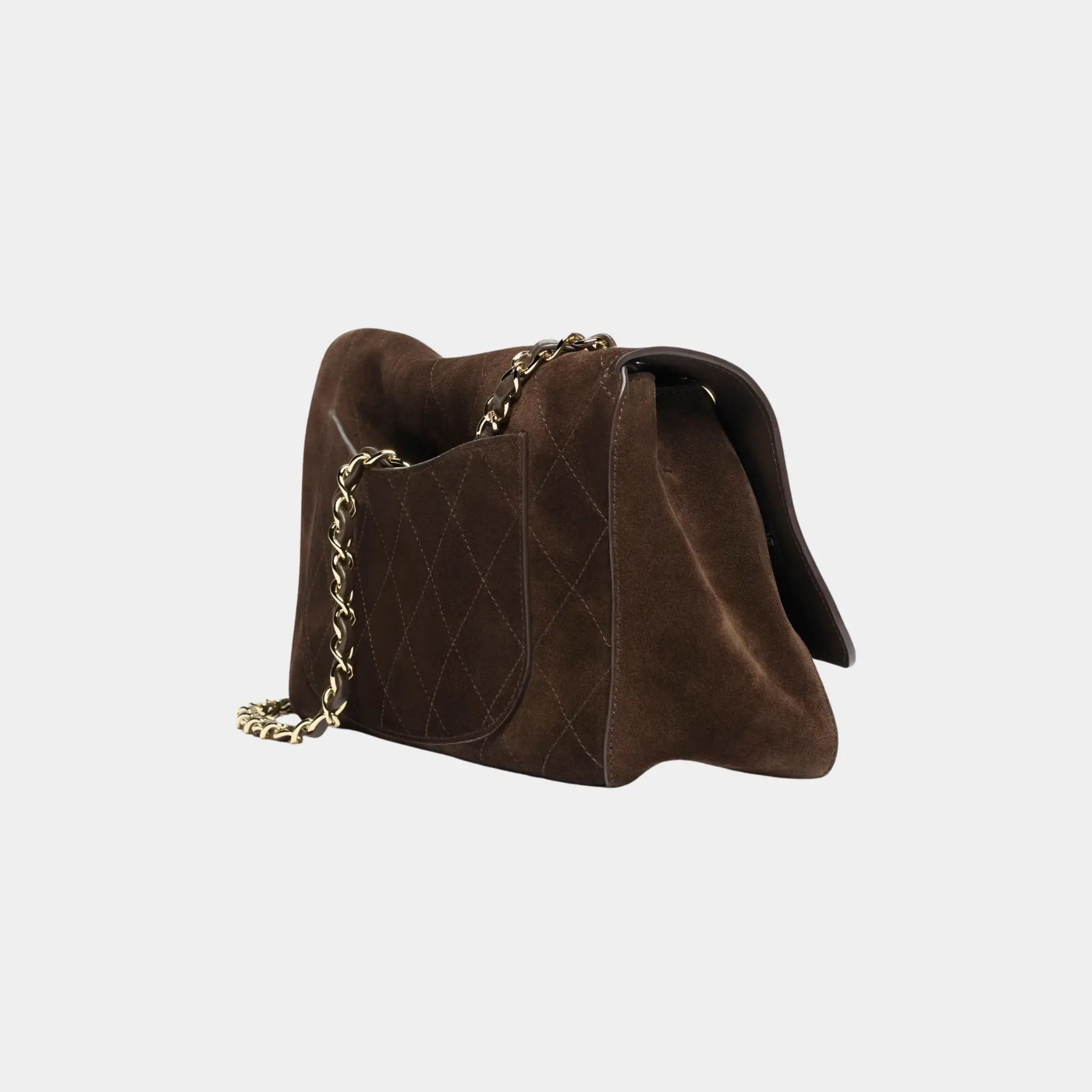 Chanel Maxi Flapbag in Suede Calfskin &amp; Gold-Tone Metal, Dark Brown, Back