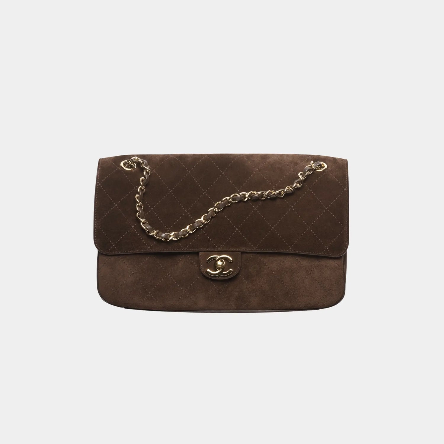 Chanel Maxi Flapbag in Suede Calfskin &amp; Gold-Tone Metal, Dark Brown, Front