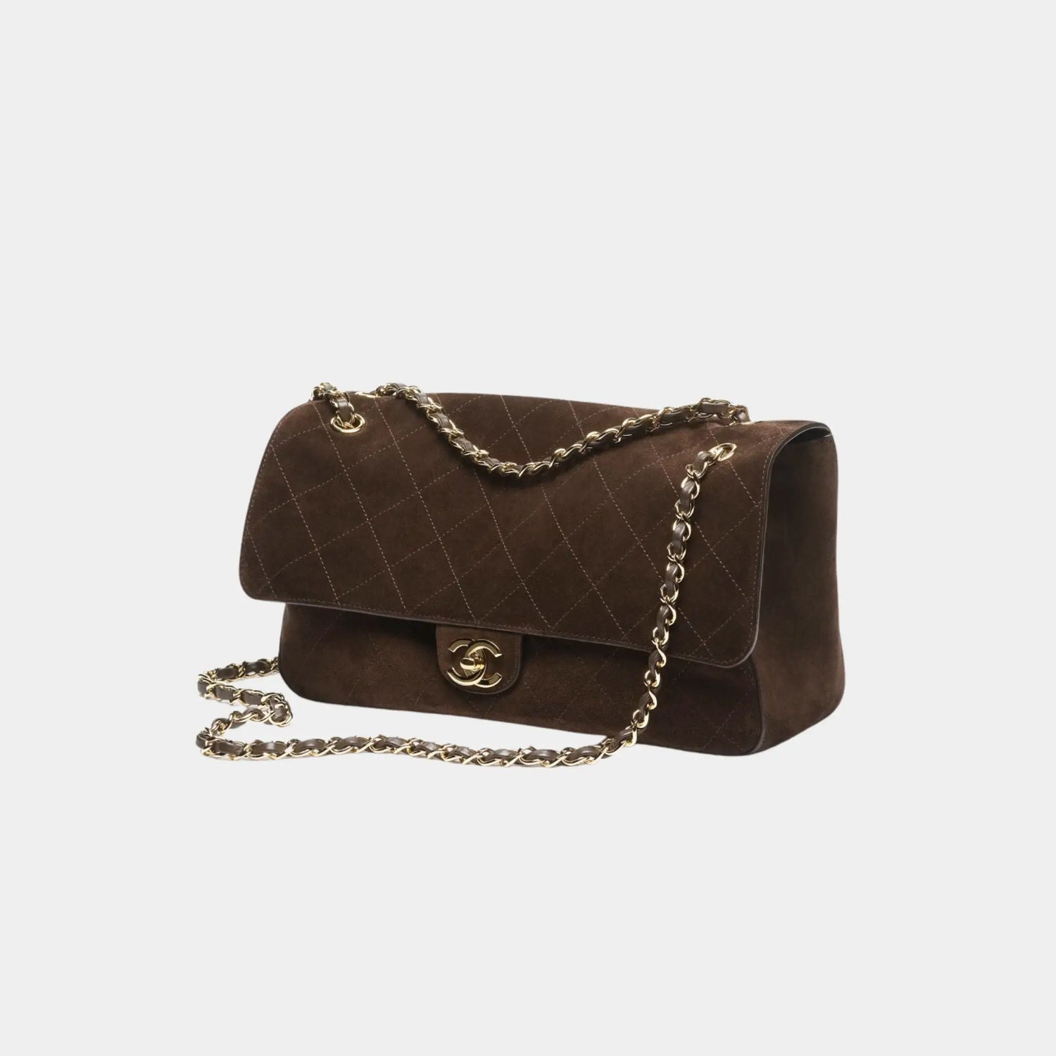 Chanel Maxi Flapbag in Suede Calfskin &amp; Gold-Tone Metal, Dark Brown, Side