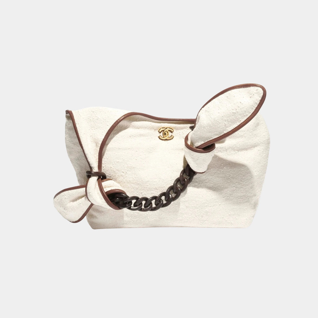 Chanel Maxi Hob Bag Canvas Calfskin Wood & Gilded Metal Ecru & Camel