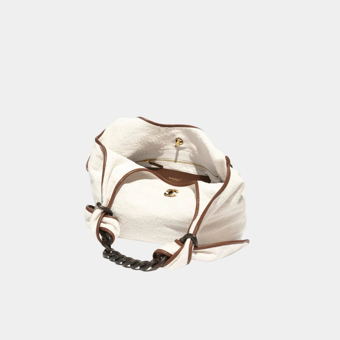 Chanel Maxi Hob Bag Canvas Calfskin Wood & Gilded Metal Ecru & Camel