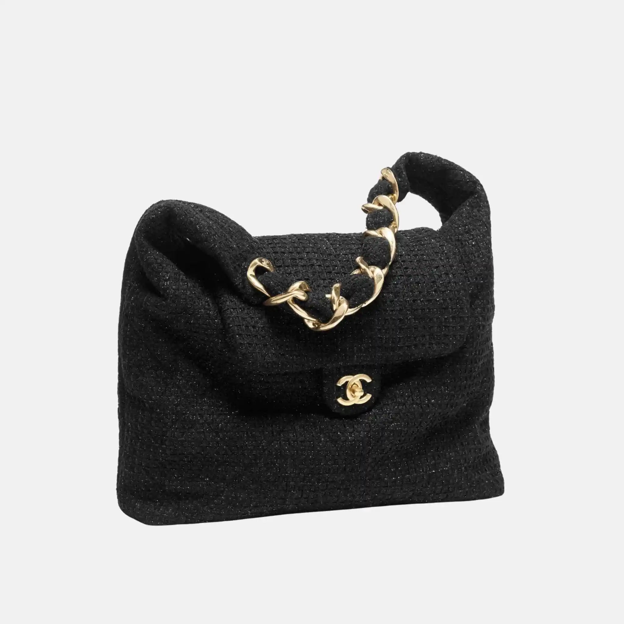 Chanel Maxi Hobo Bag Cotton Tweed Gold Tone Metal, Front