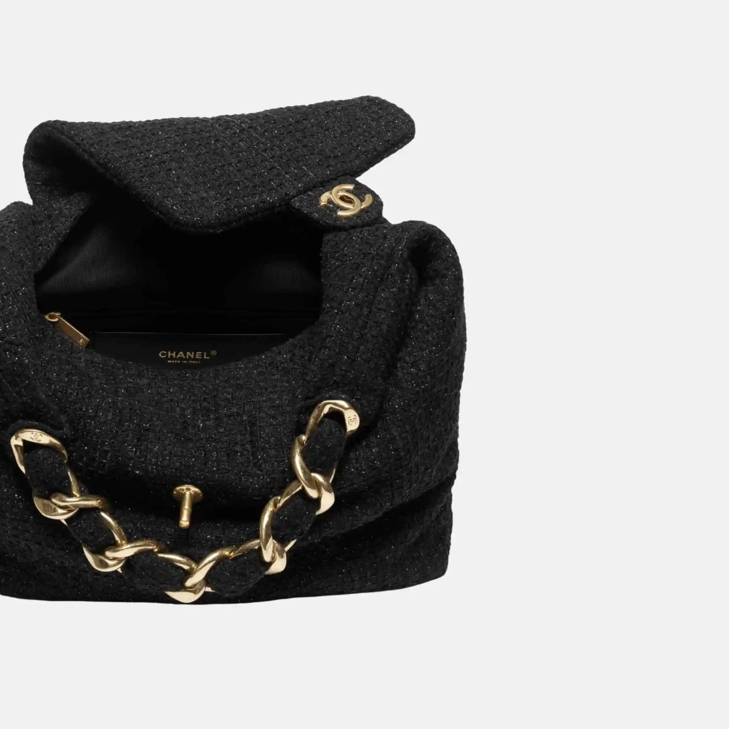 Chanel Maxi Hobo Bag Cotton Tweed Gold Tone Metal, Inside