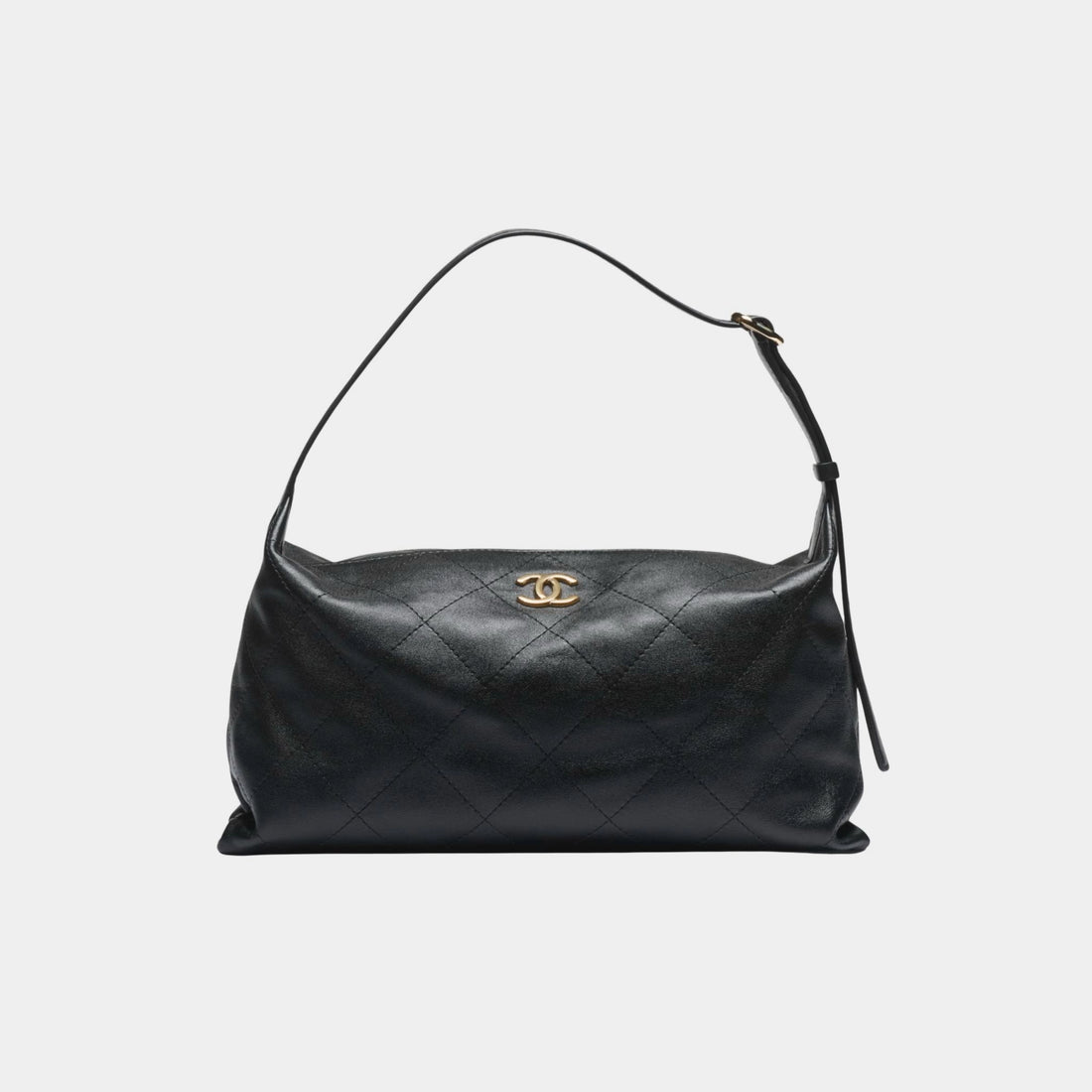 Maxi Hobo Bag Shiny Lambskin &amp; Gold Tone Metal Black, Front 