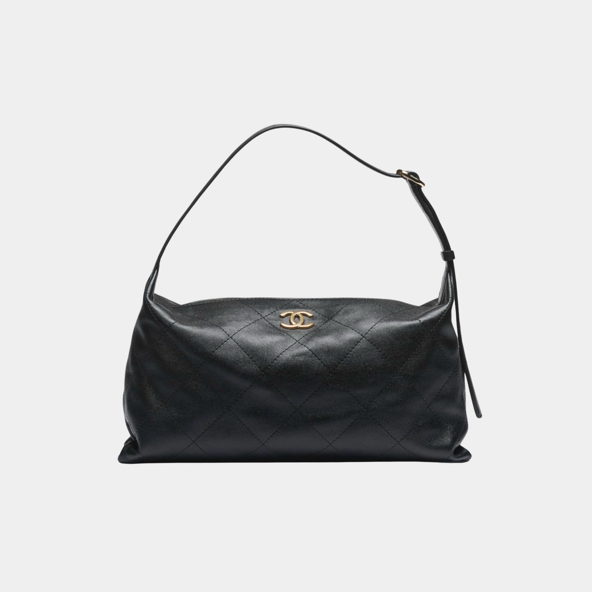 Maxi Hobo Bag Shiny Lambskin &amp; Gold Tone Metal Black, Front 
