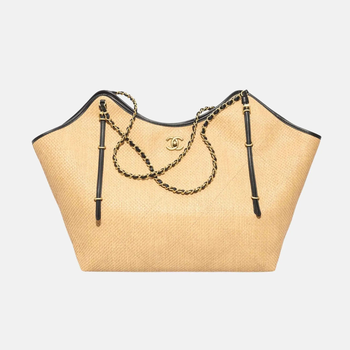 Maxi Shopping Bag Braided Raffia Calfskin in Gold Tone Metal
