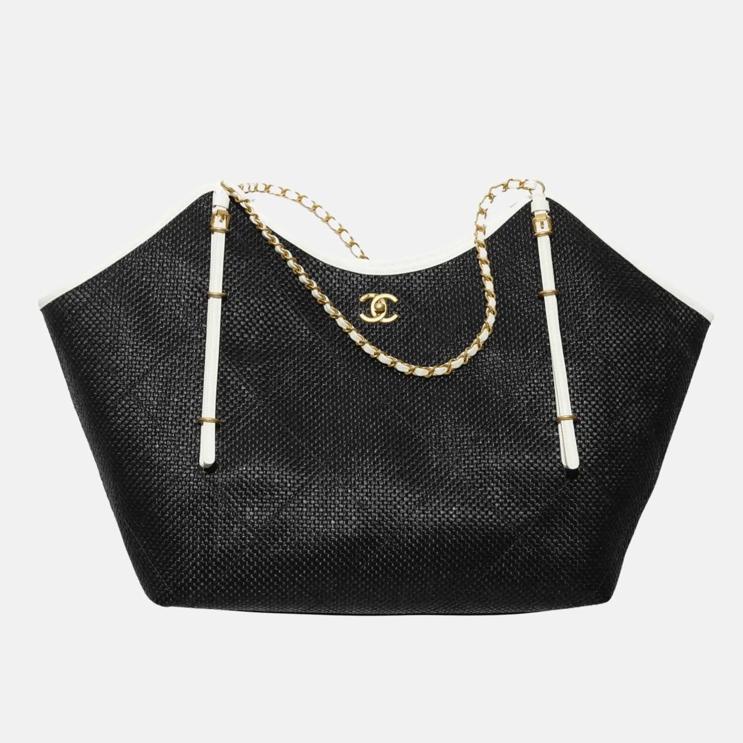 Chanel Maxi Shopping Bag Braided Raffia Calfskin Gold Tone Metal, Black, Front