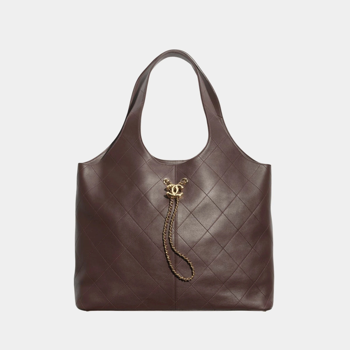 Maxi Shopping Bag Calfskin & Gold Tone Metal Dark Brown