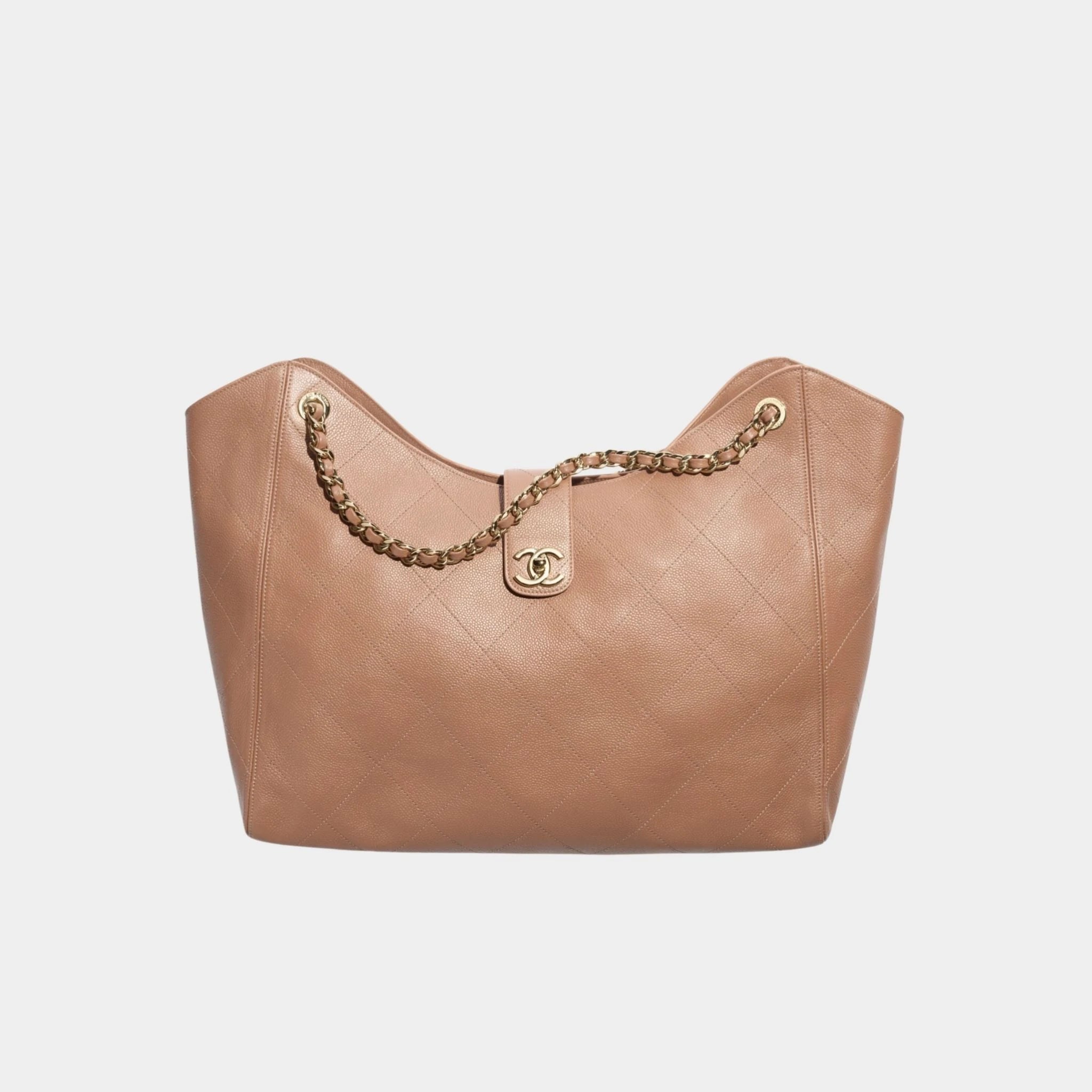 Chanel Maxi Shopping Bag Grained Calfskin &amp; Gold Tone Metal Brown, Front 