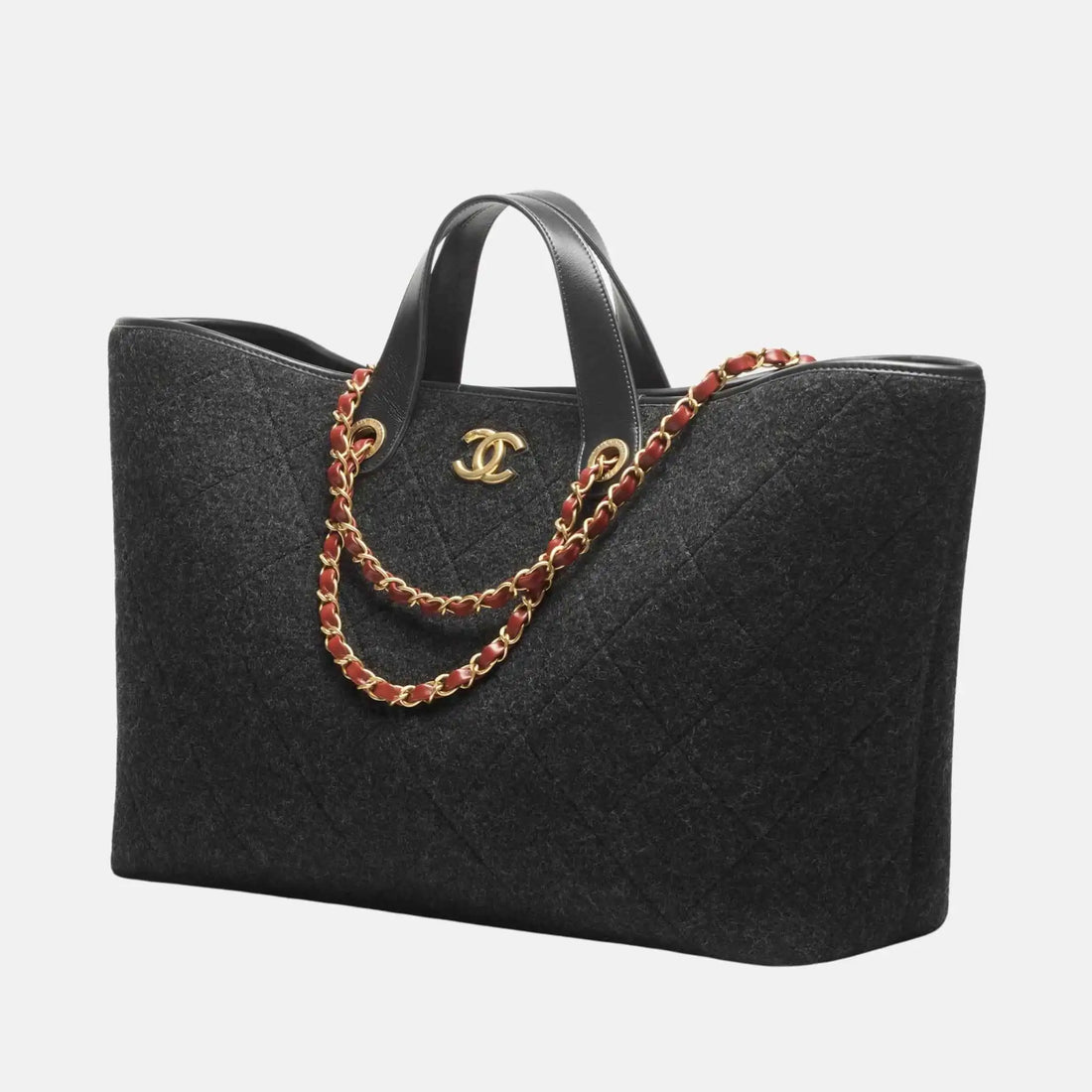 Chanel Maxi Shopping Bag Wool Dark Grey Gold Tone Metal, Front