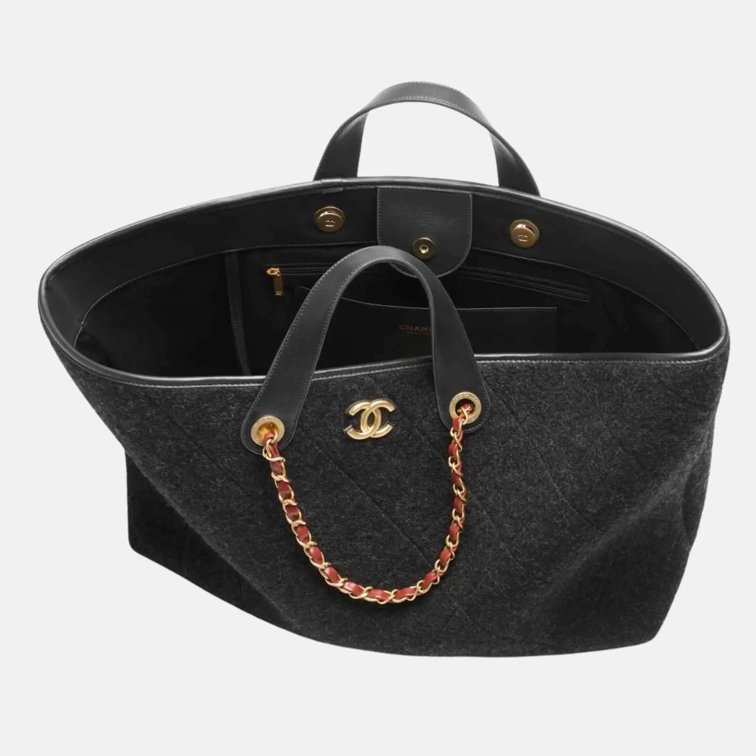 Chanel Maxi Shopping Bag Wool Dark Grey Gold Tone Metal, Inside