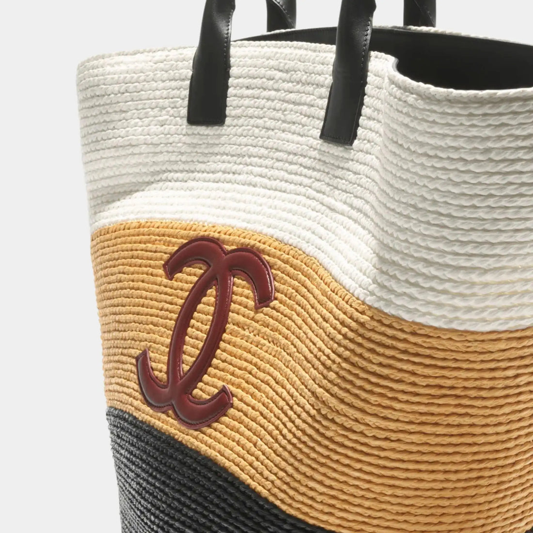 Maxi Tote Bag Braided Raffia & Calfskin White Dark Beige & Black