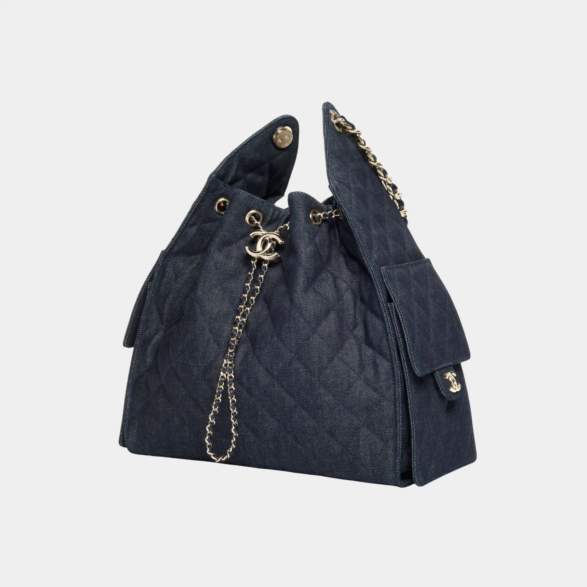 Chanel Medium 25 Bag Denim &amp; Gold Metal Dark Blue, Front 