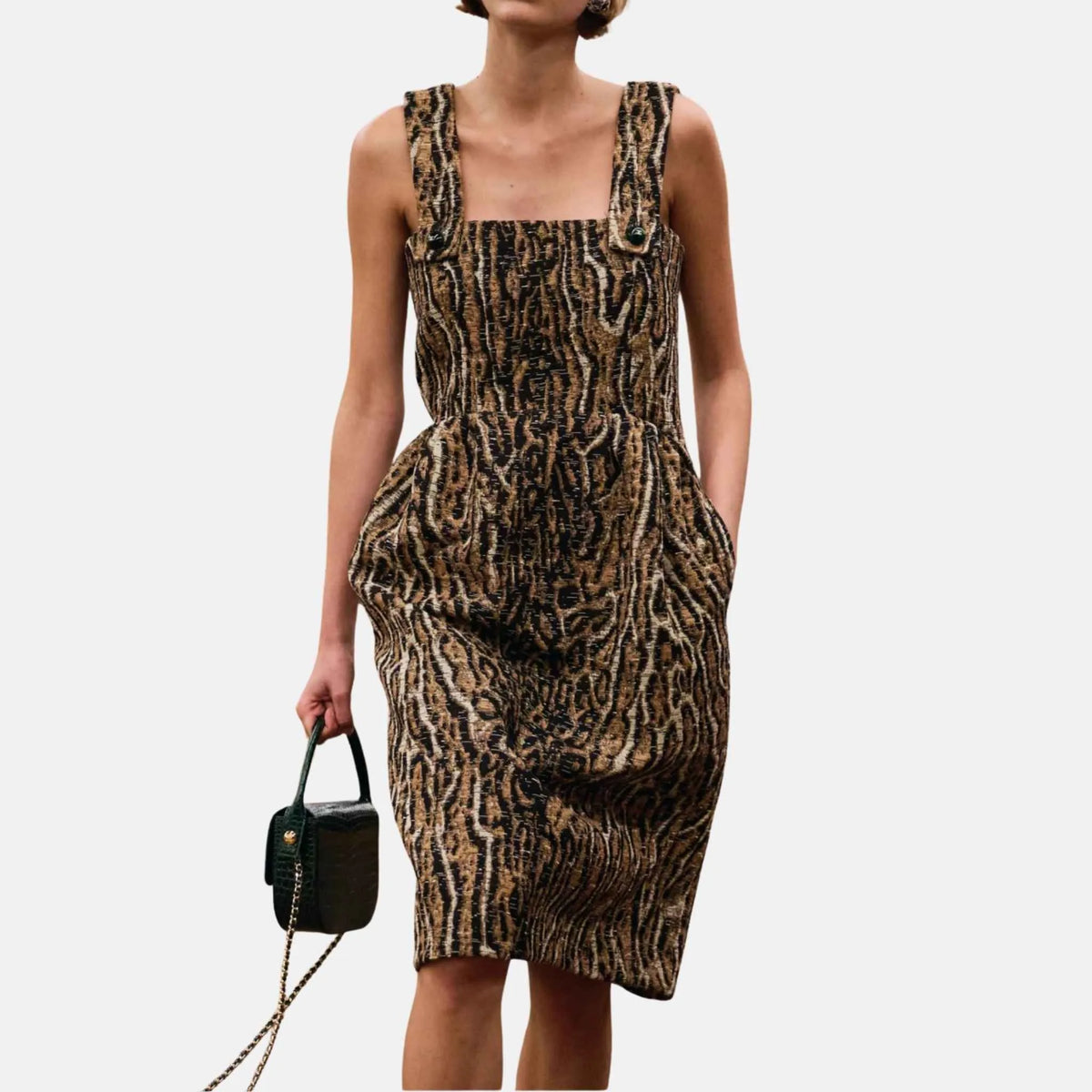 Midi Dress Cotton Silk Mixed Fibers in Brown Black and White