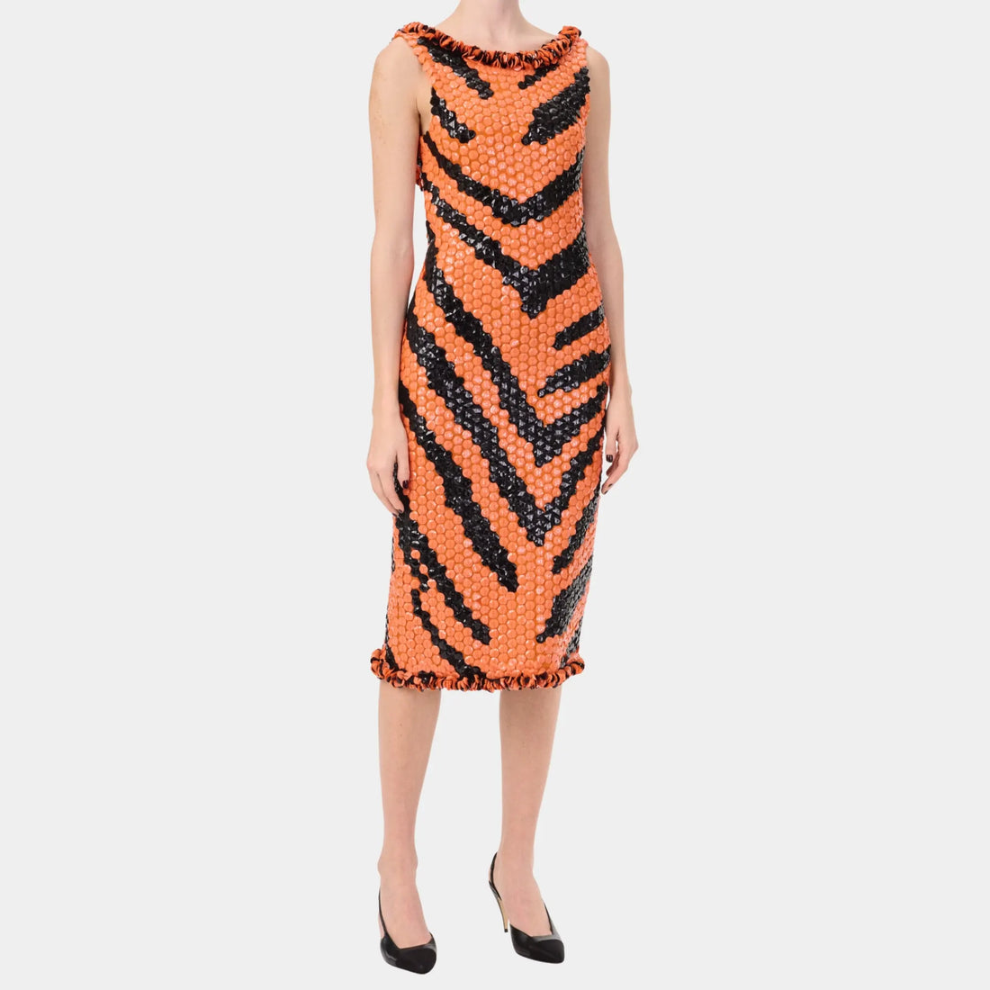Chanel Midi Dress Mixed Fibres in Orange &amp; Black, Front