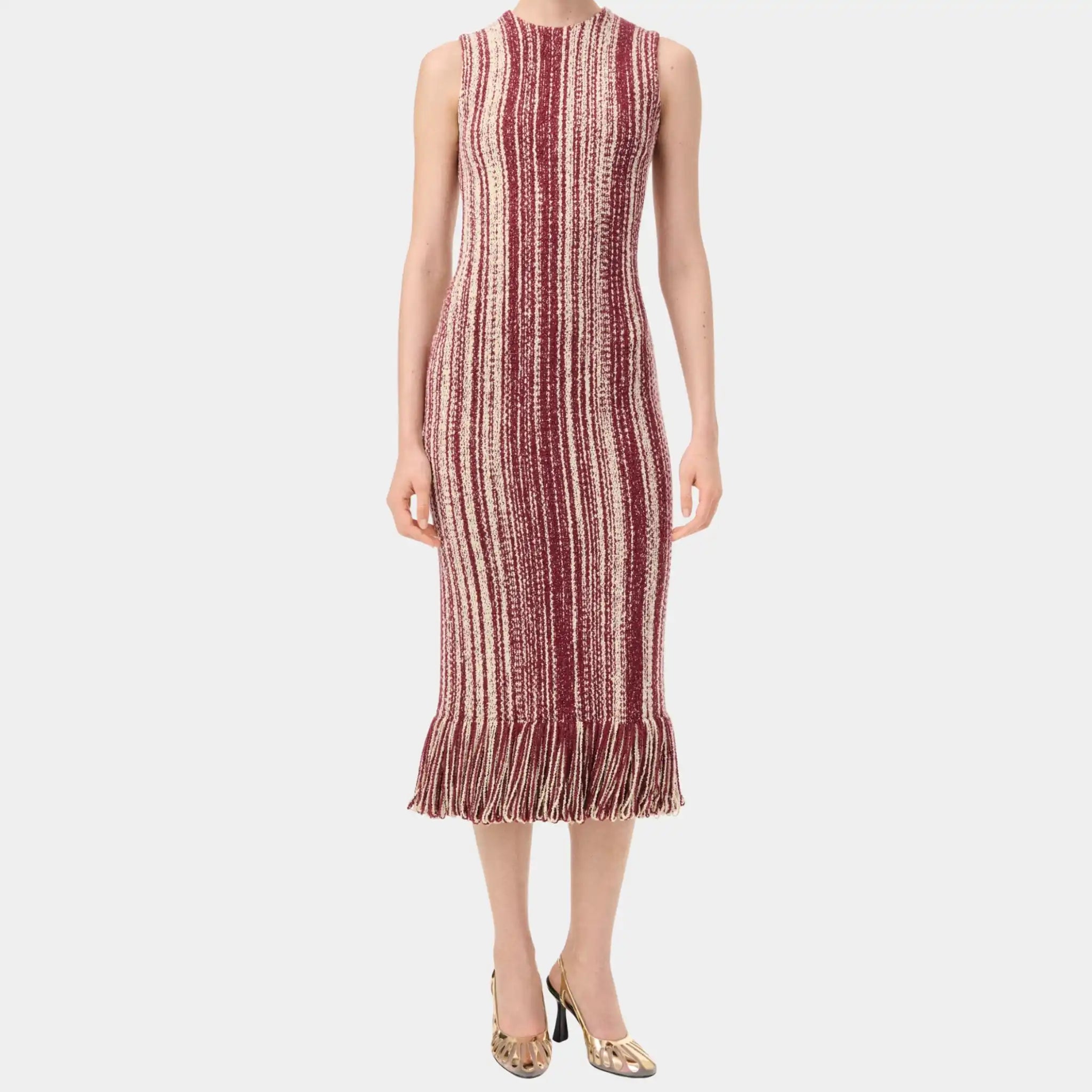 Chanel Midi Dress Silk in Burgundy &amp; Light Yellow, Front