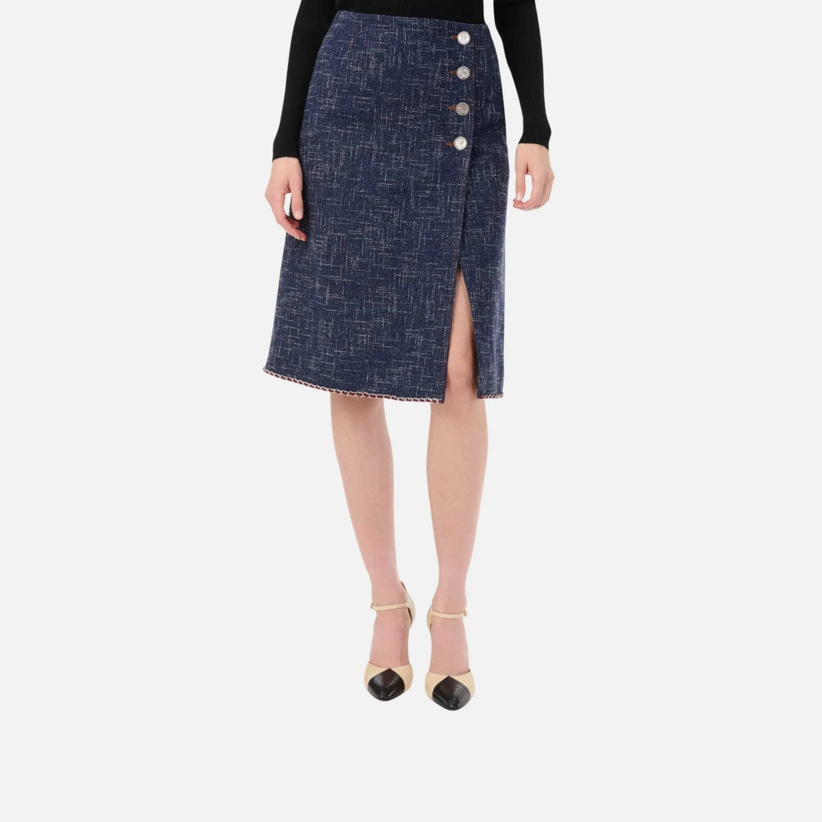 Midi Skirt Cotton Mixed Fibers Dark Blue and White