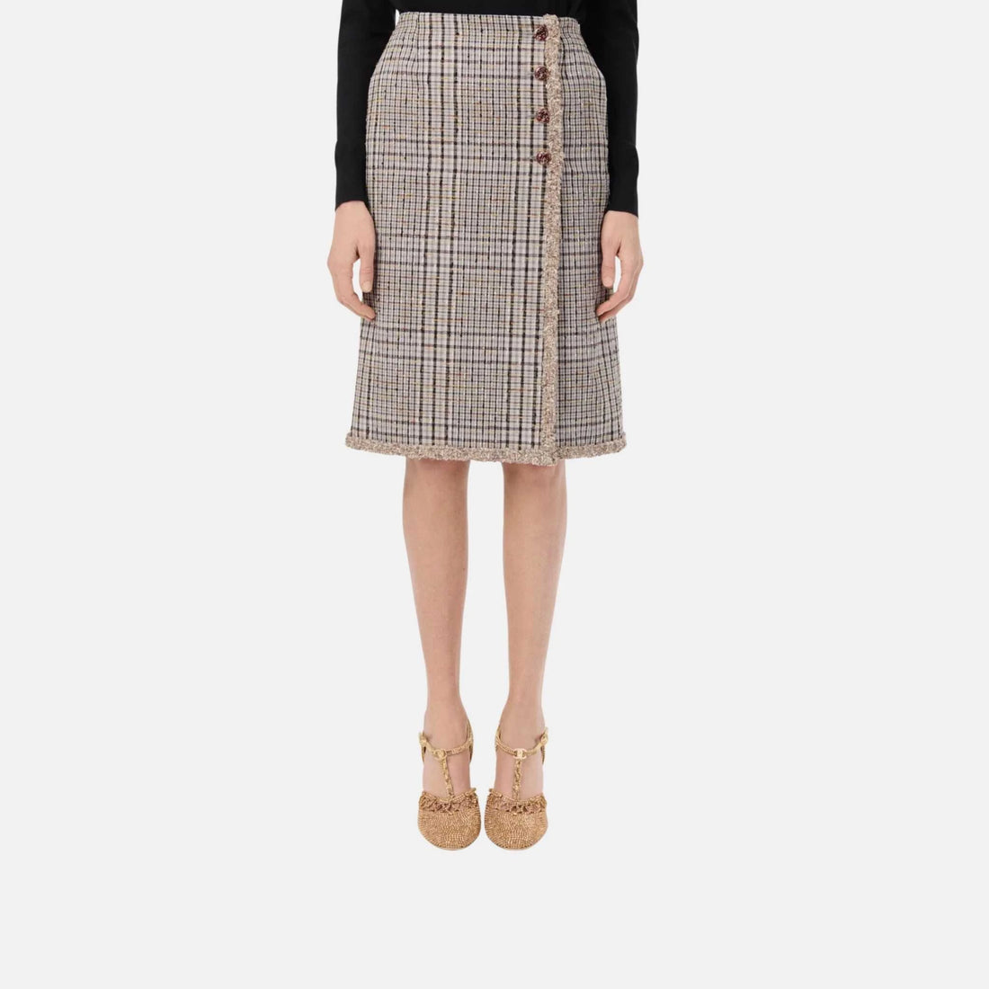Chanel Midi Skirt Cotton Tweed in Beige Brown and Black