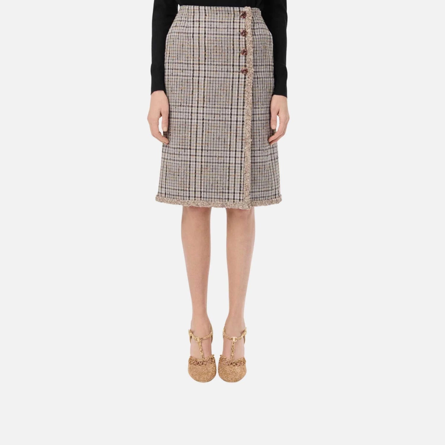 Chanel Midi Skirt Cotton Tweed in Beige Brown and Black