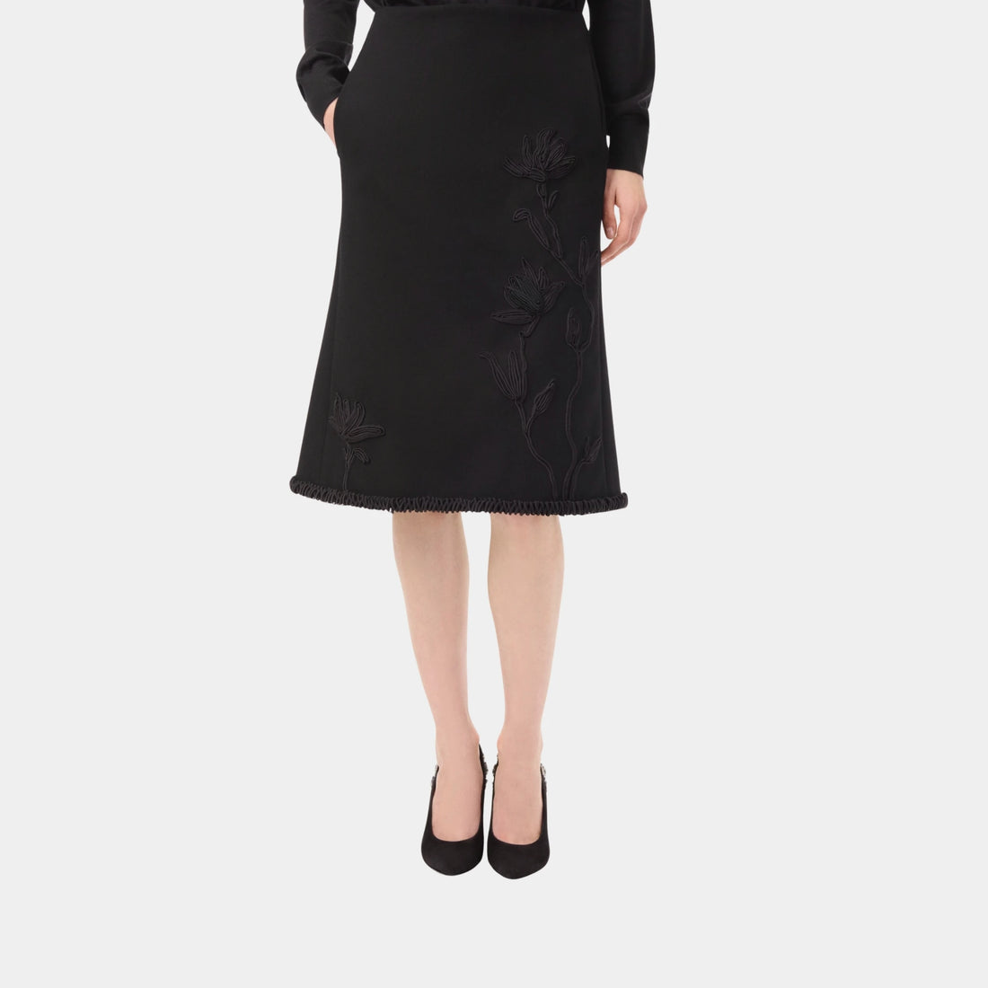 Chanel Midi Skirt Embroidered Cotton & Silk Mixed Fabrics in Black, Front