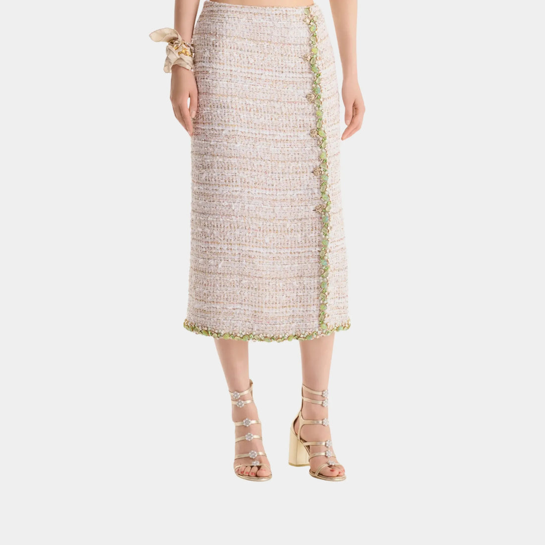 Chanel Midi Skirt in Embroidered Tweed, Ecru, Front