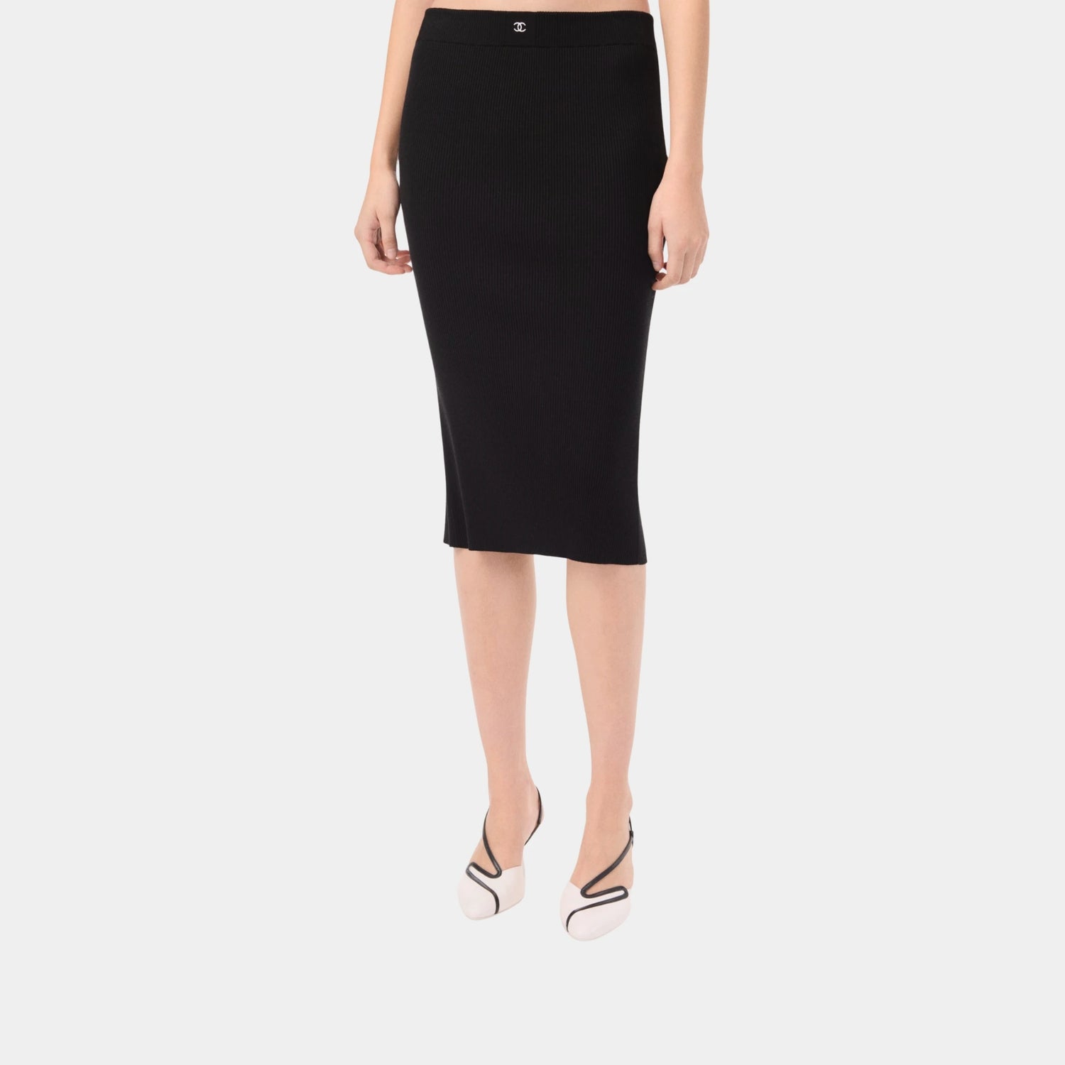 Chanel Midi Skirt in Black Wool &amp; Silk, Black, Front