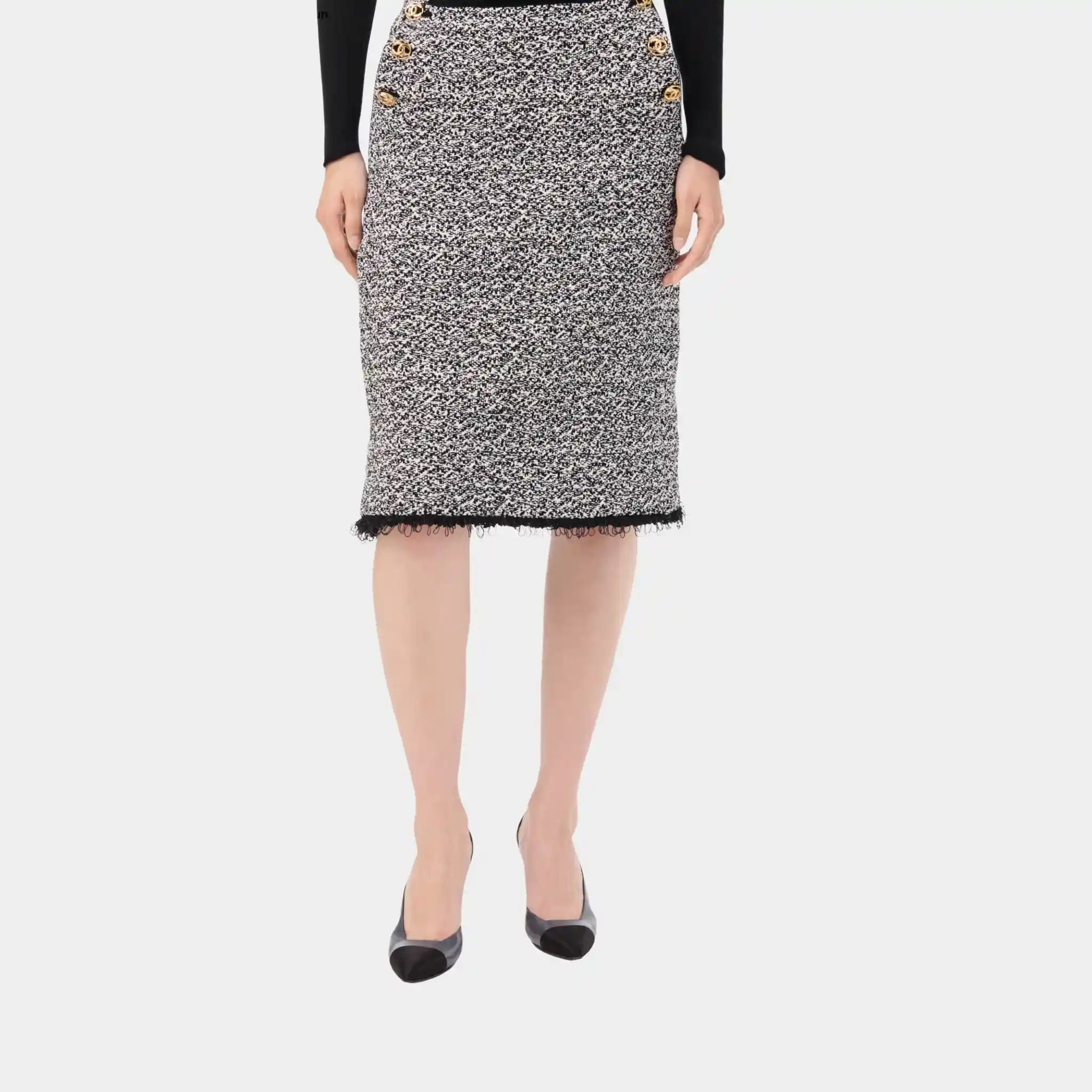 Chanel Midi Skirt in White &amp; Black Cotton, Front